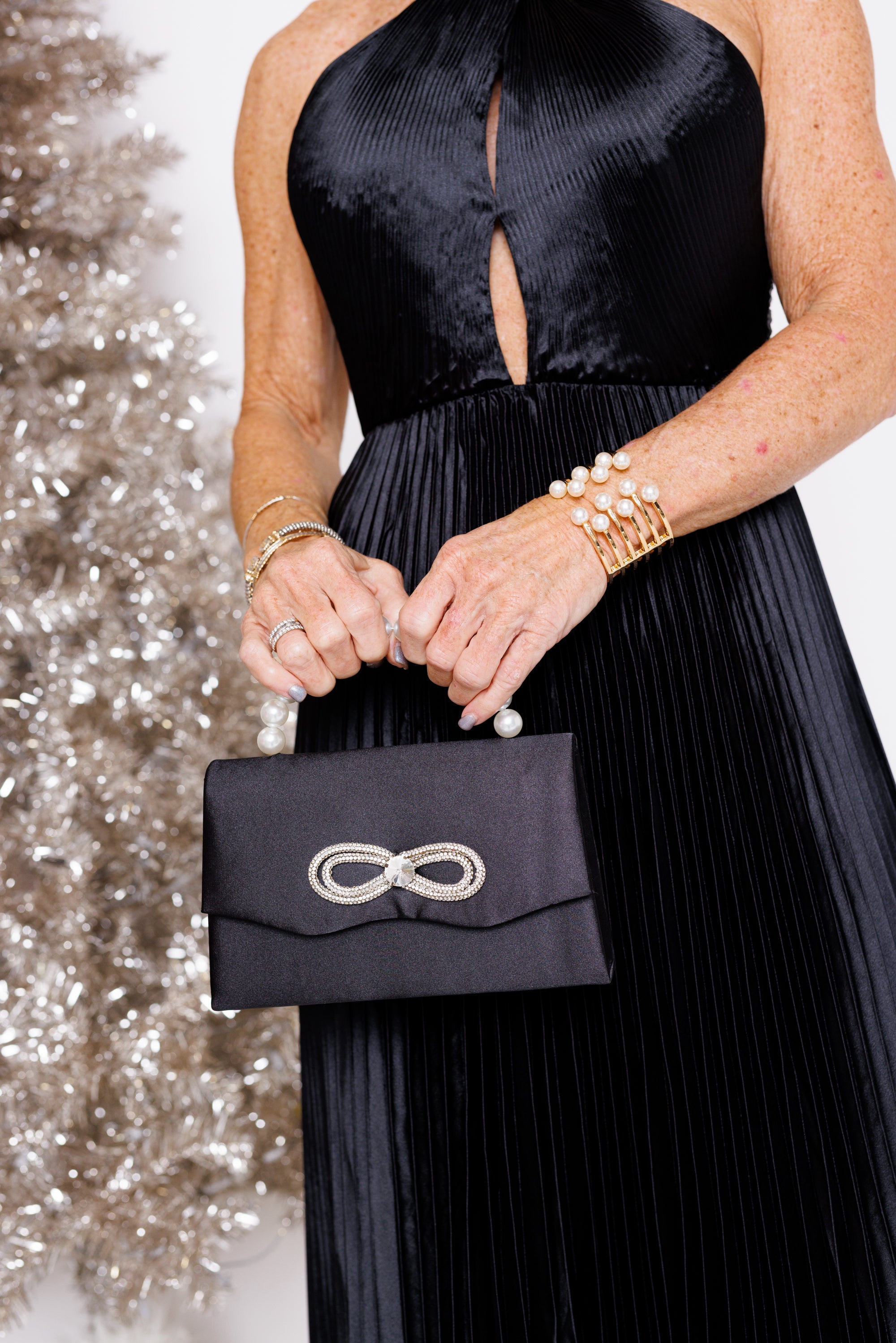 Serena Satin Bow Purse, BLACK