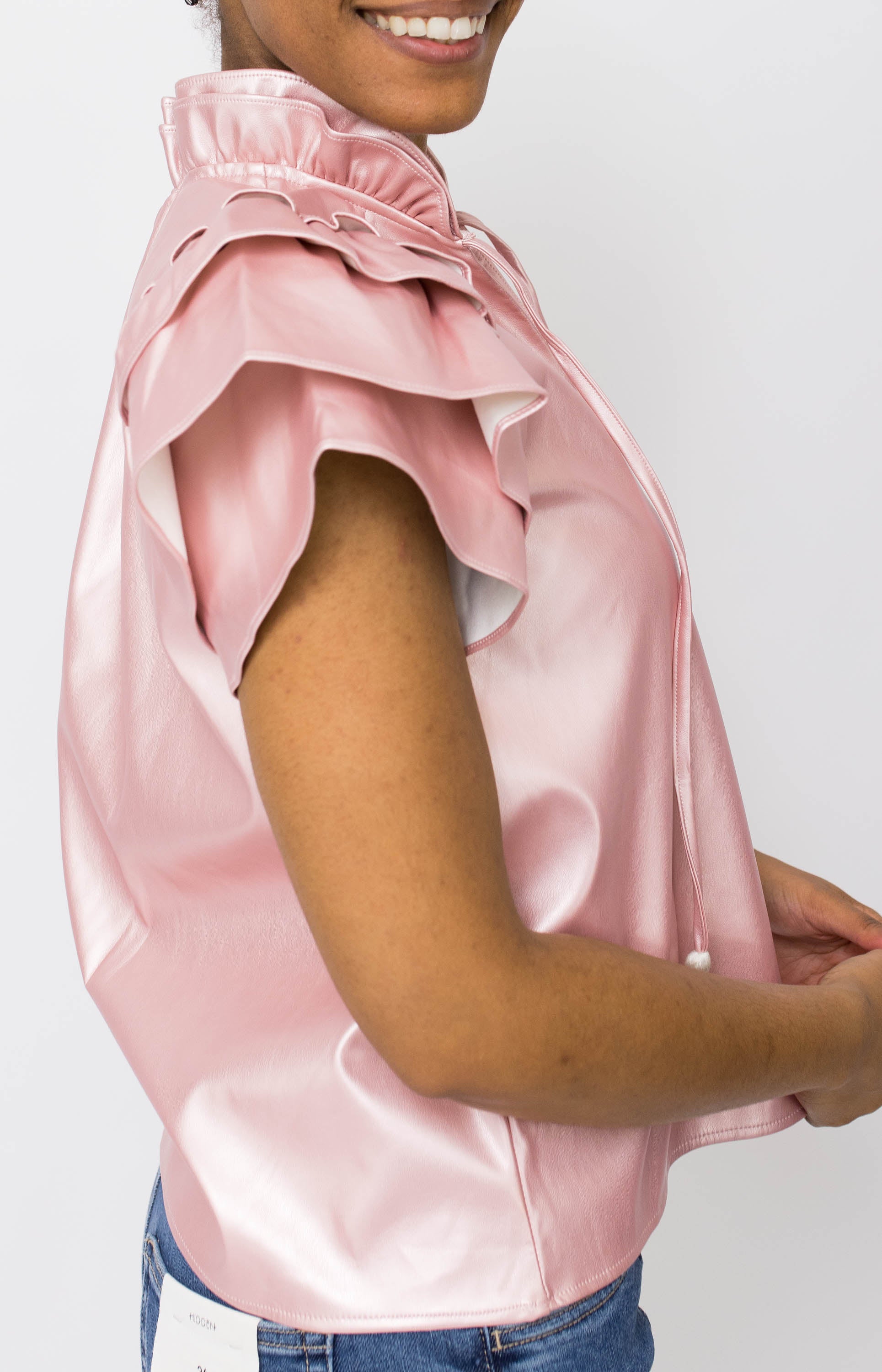 THML: Sleek Drama Faux Leather Top, PINK