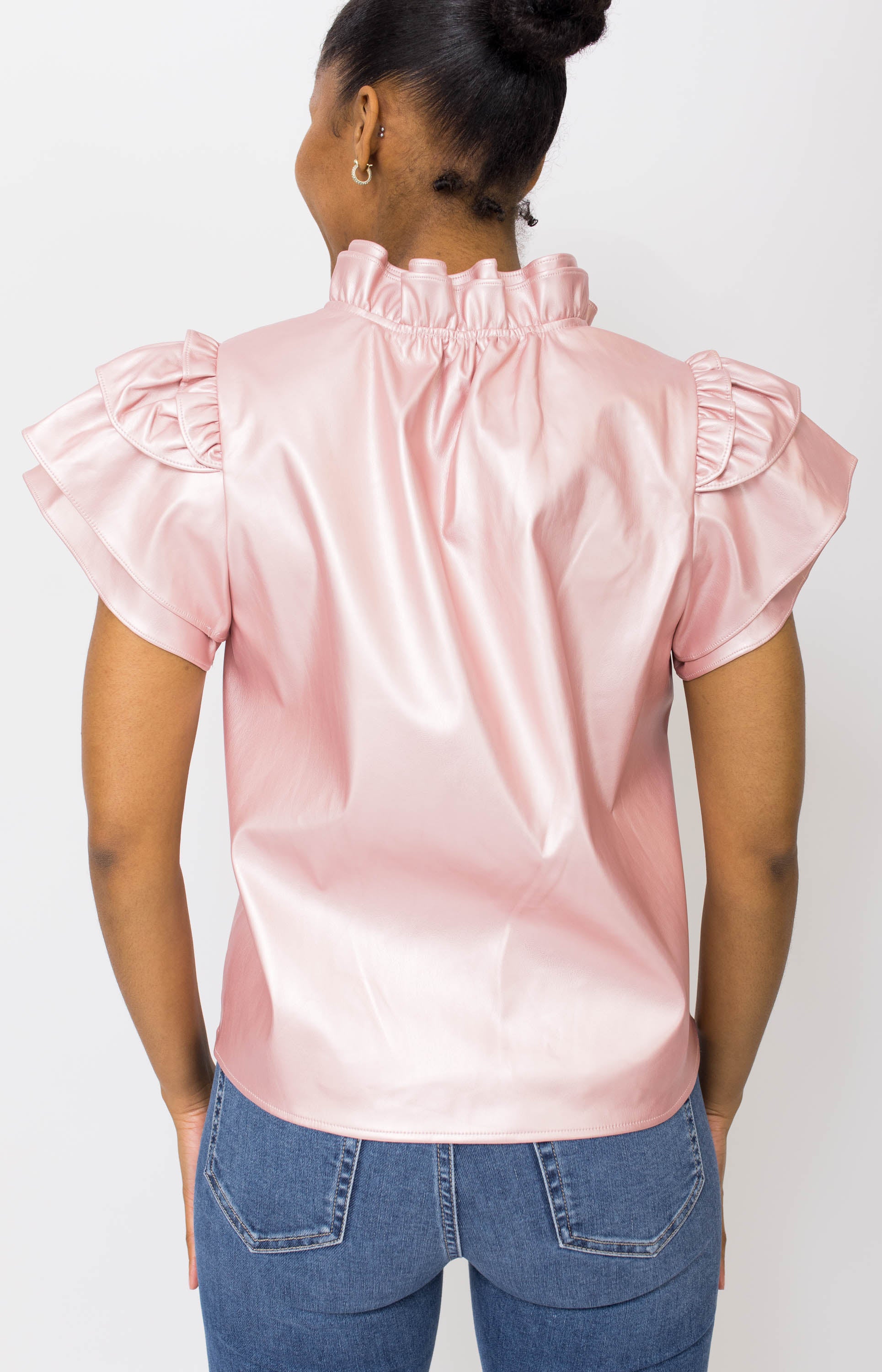 THML: Sleek Drama Faux Leather Top, PINK