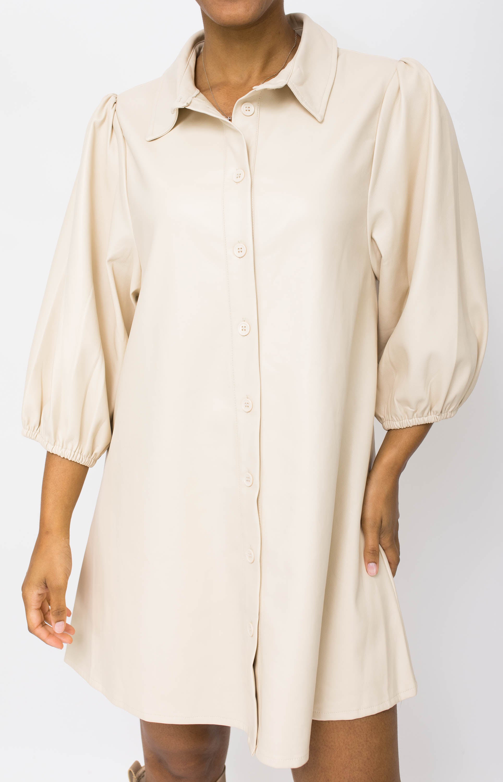 Dolce Cabo: Just Right Vegan Leather Mini Dress, BEIGE