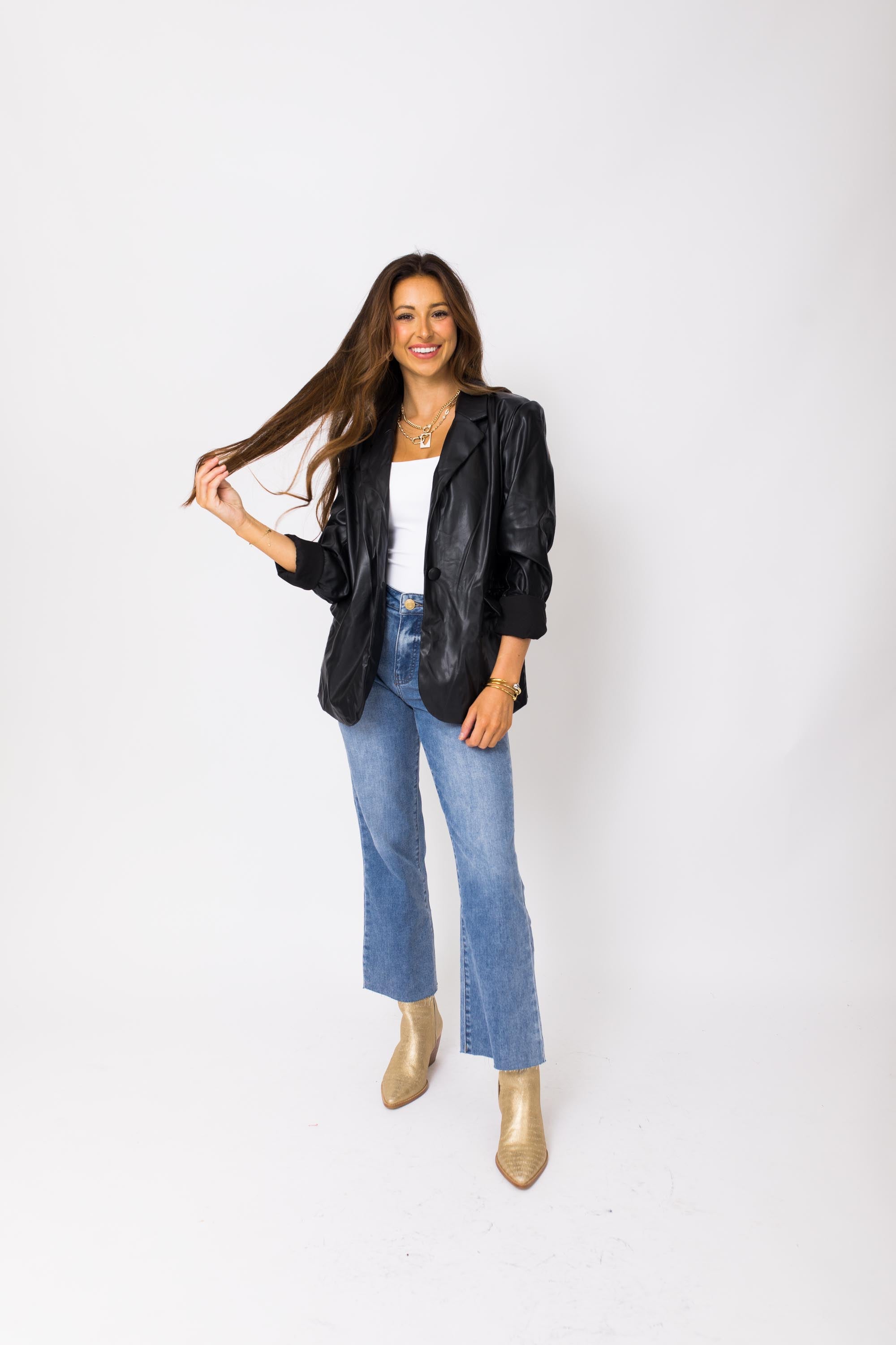 Luxe Leather Blazer, BLACK