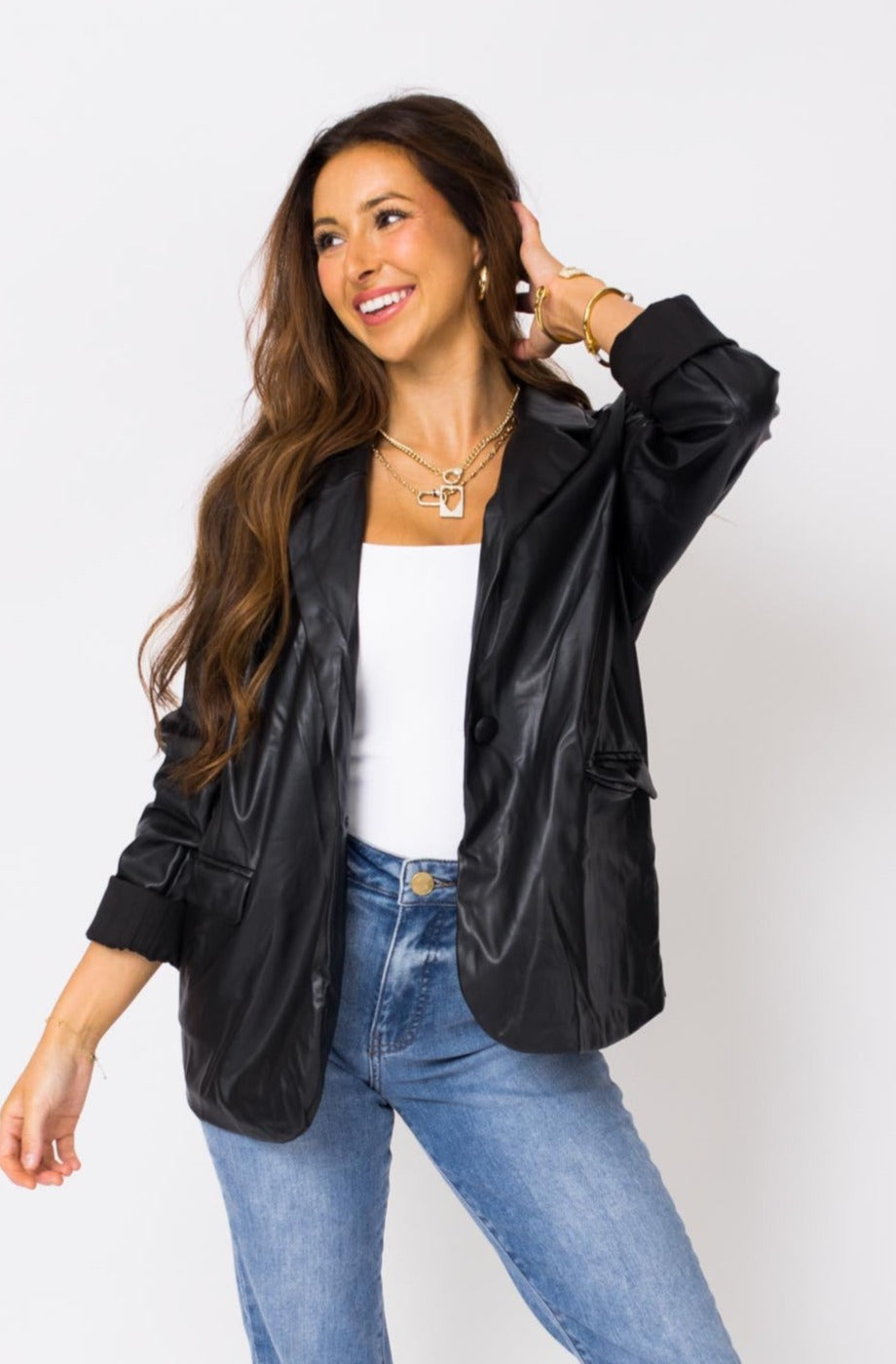 Luxe Leather Blazer, BLACK