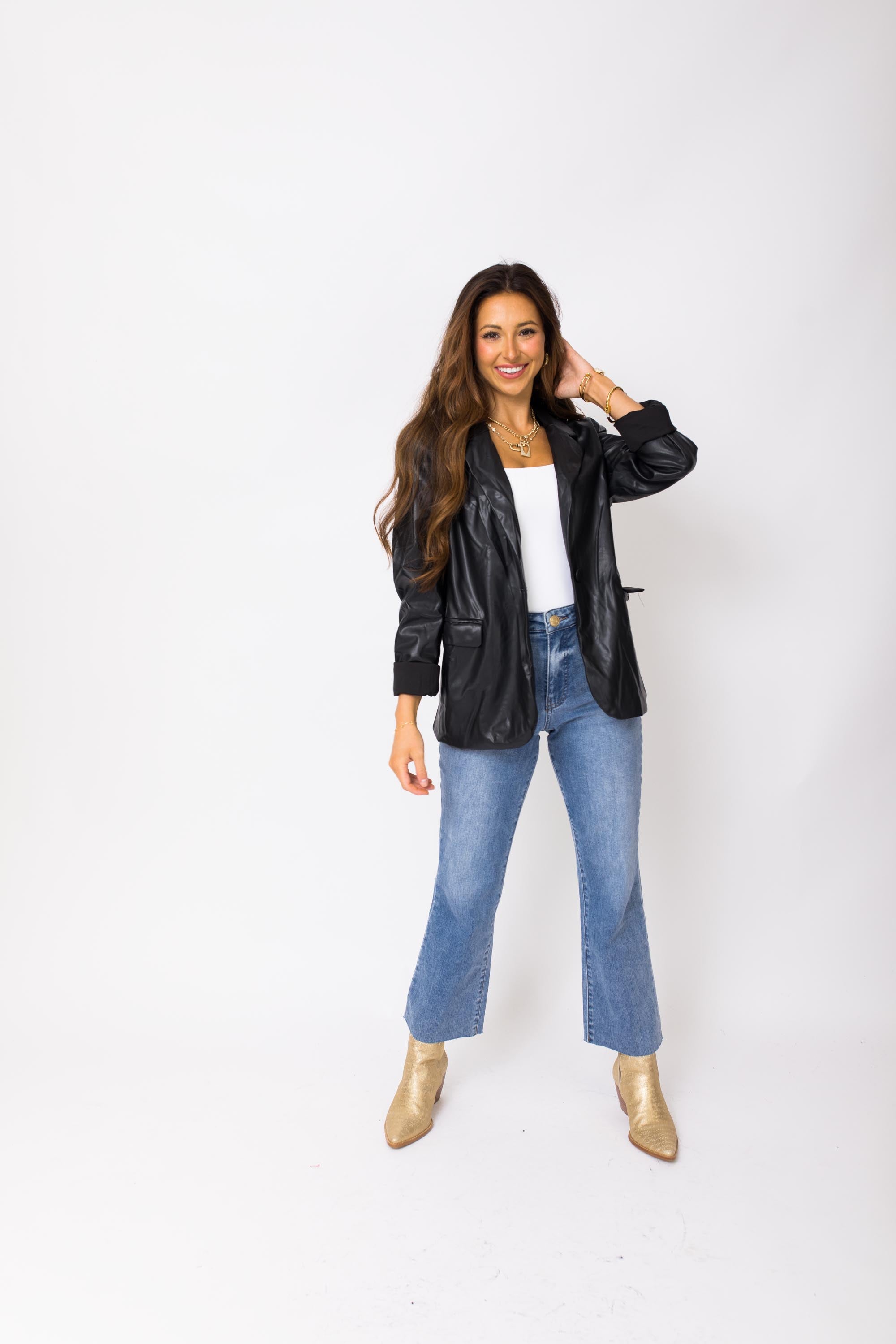 Luxe Leather Blazer, BLACK