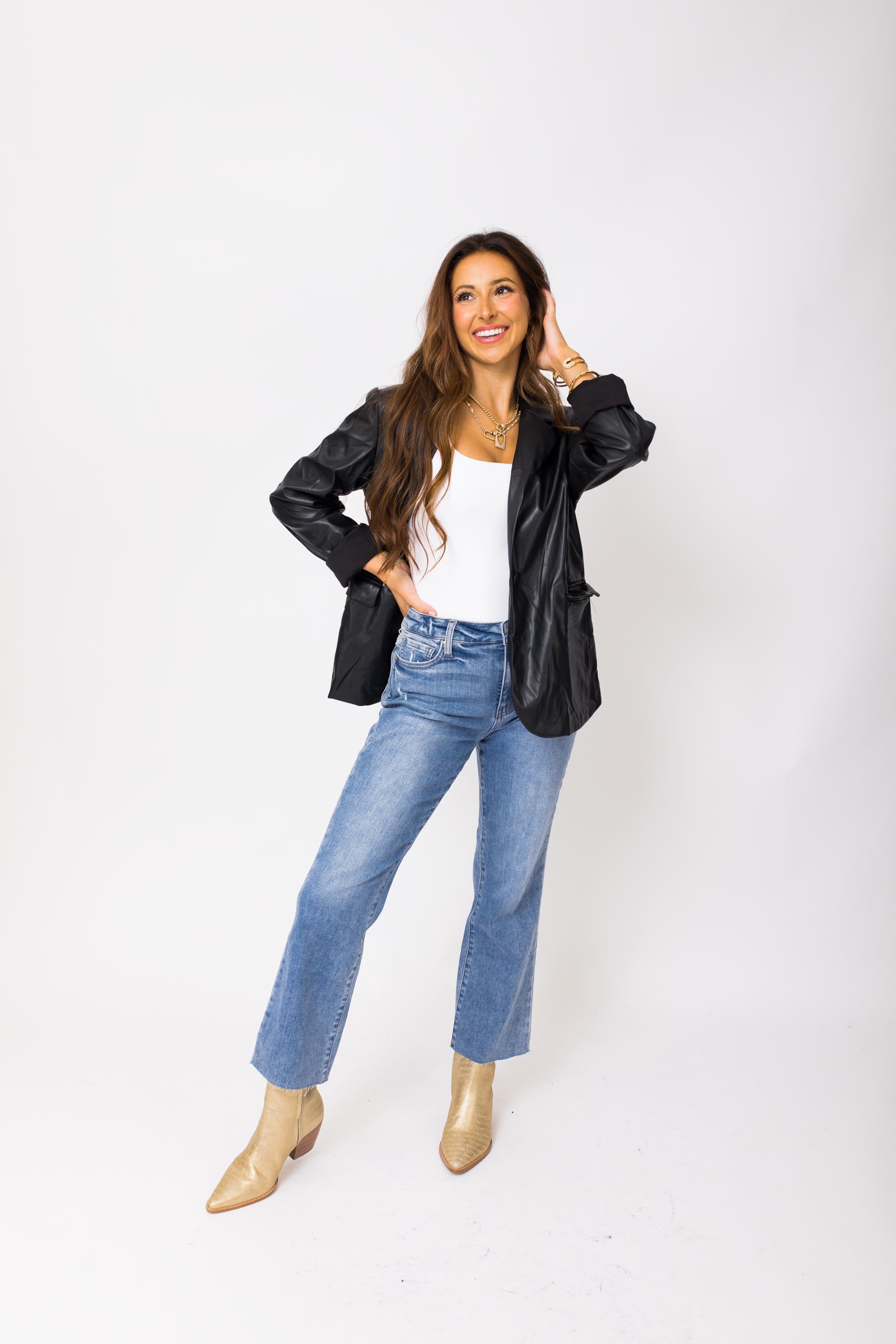 Luxe Leather Blazer, BLACK