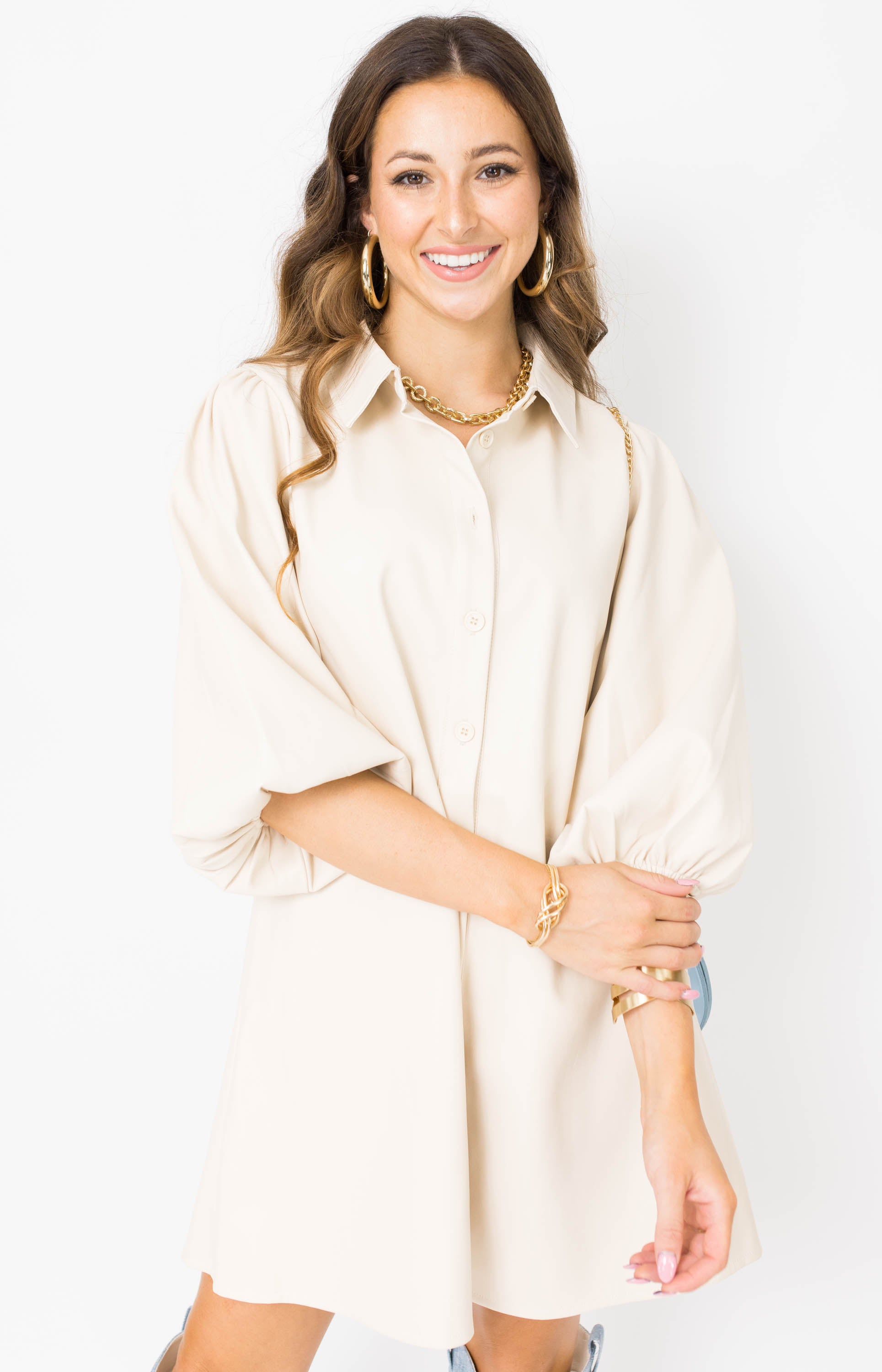 Dolce Cabo: Just Right Vegan Leather Mini Dress, BEIGE