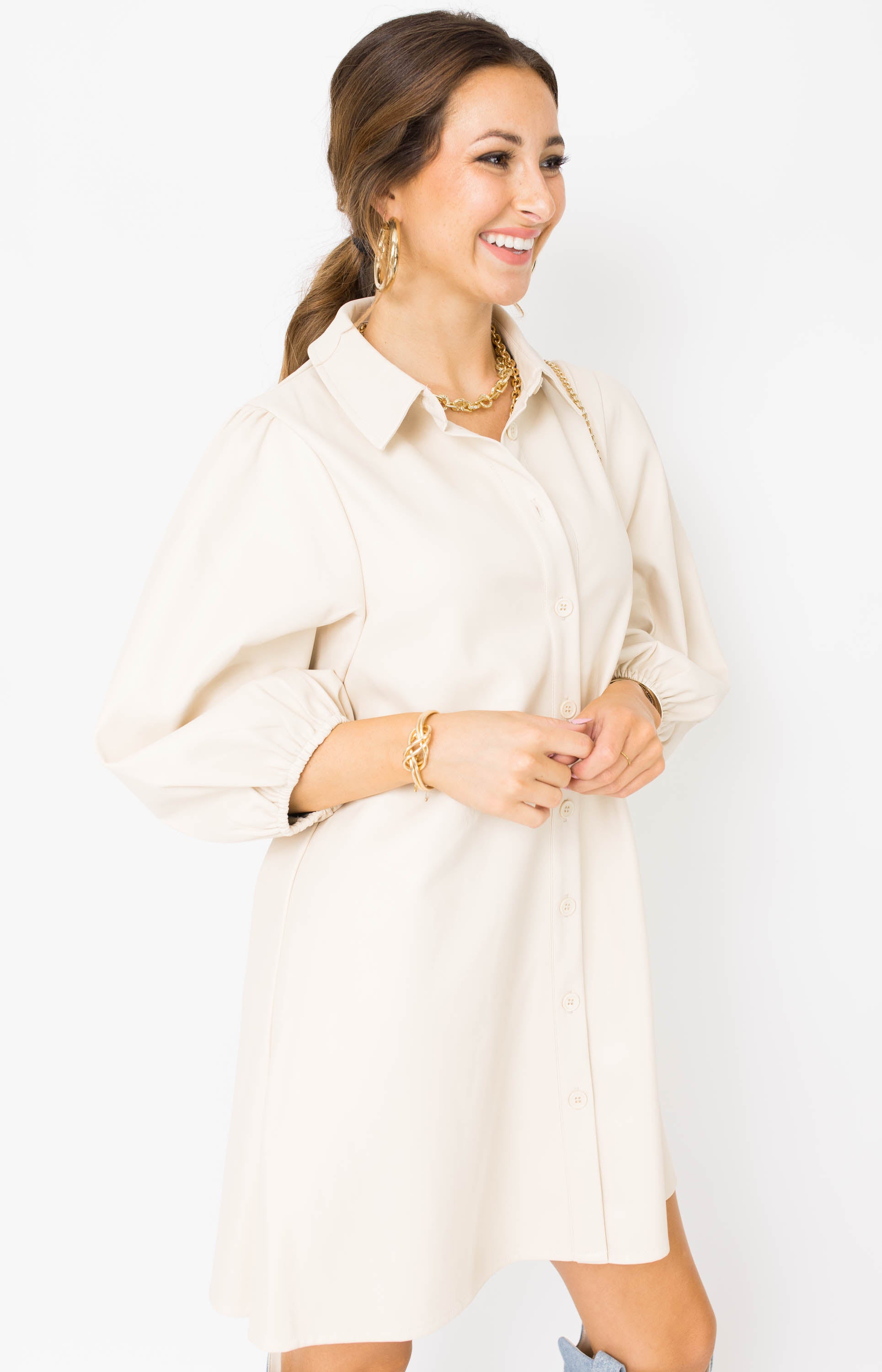 Dolce Cabo: Just Right Vegan Leather Mini Dress, BEIGE