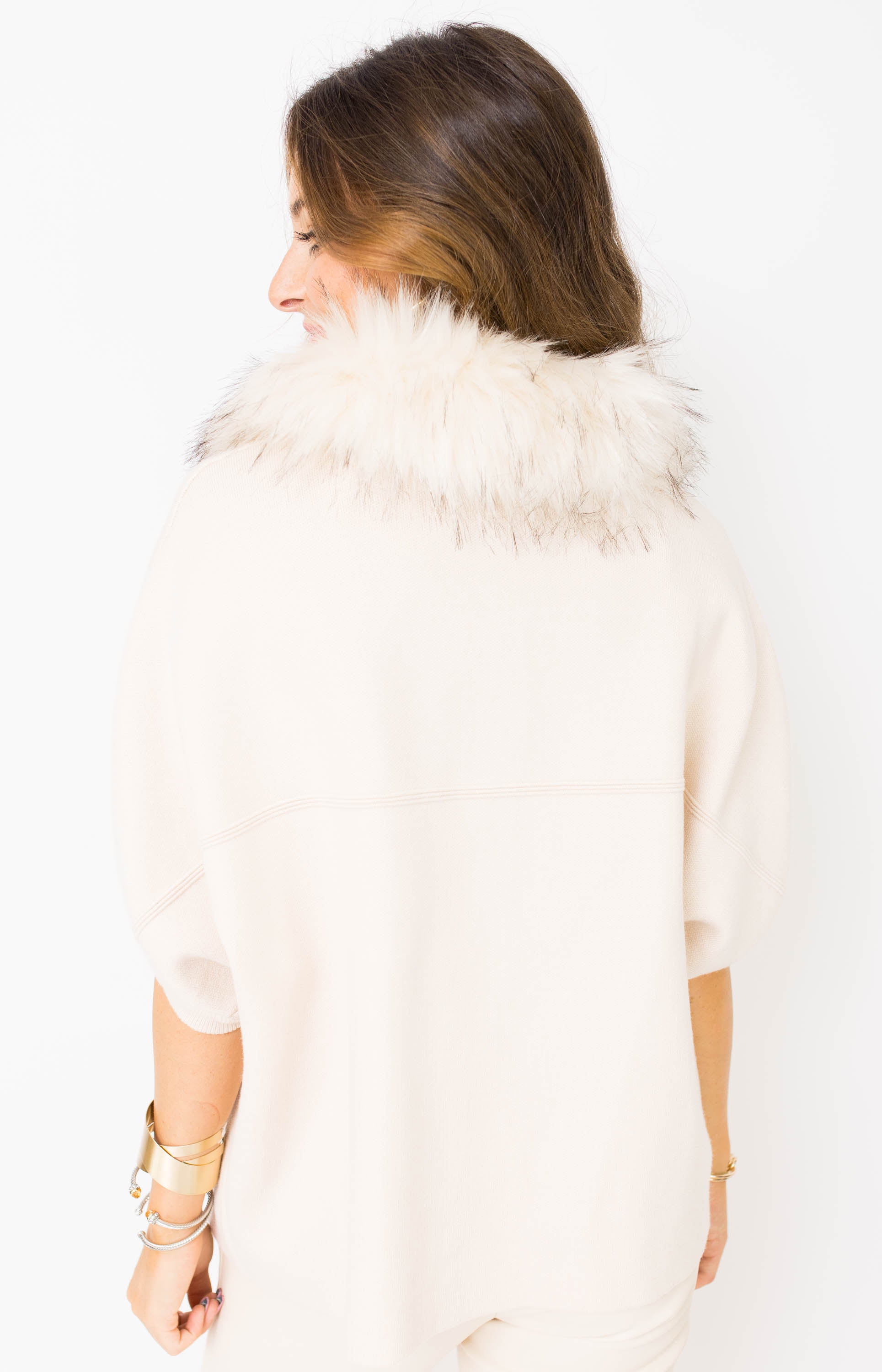 Dolce Cabo: Fur Vegan Suede Poncho, CREAM