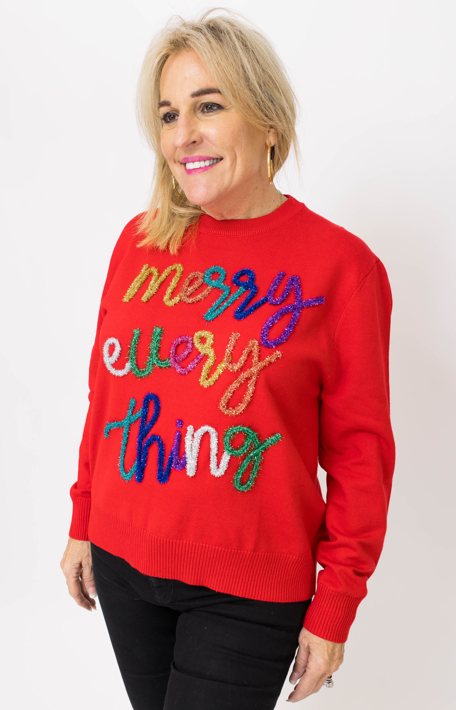Queen of Sparkles: Merry Everything Glitter Script Sweater, RED