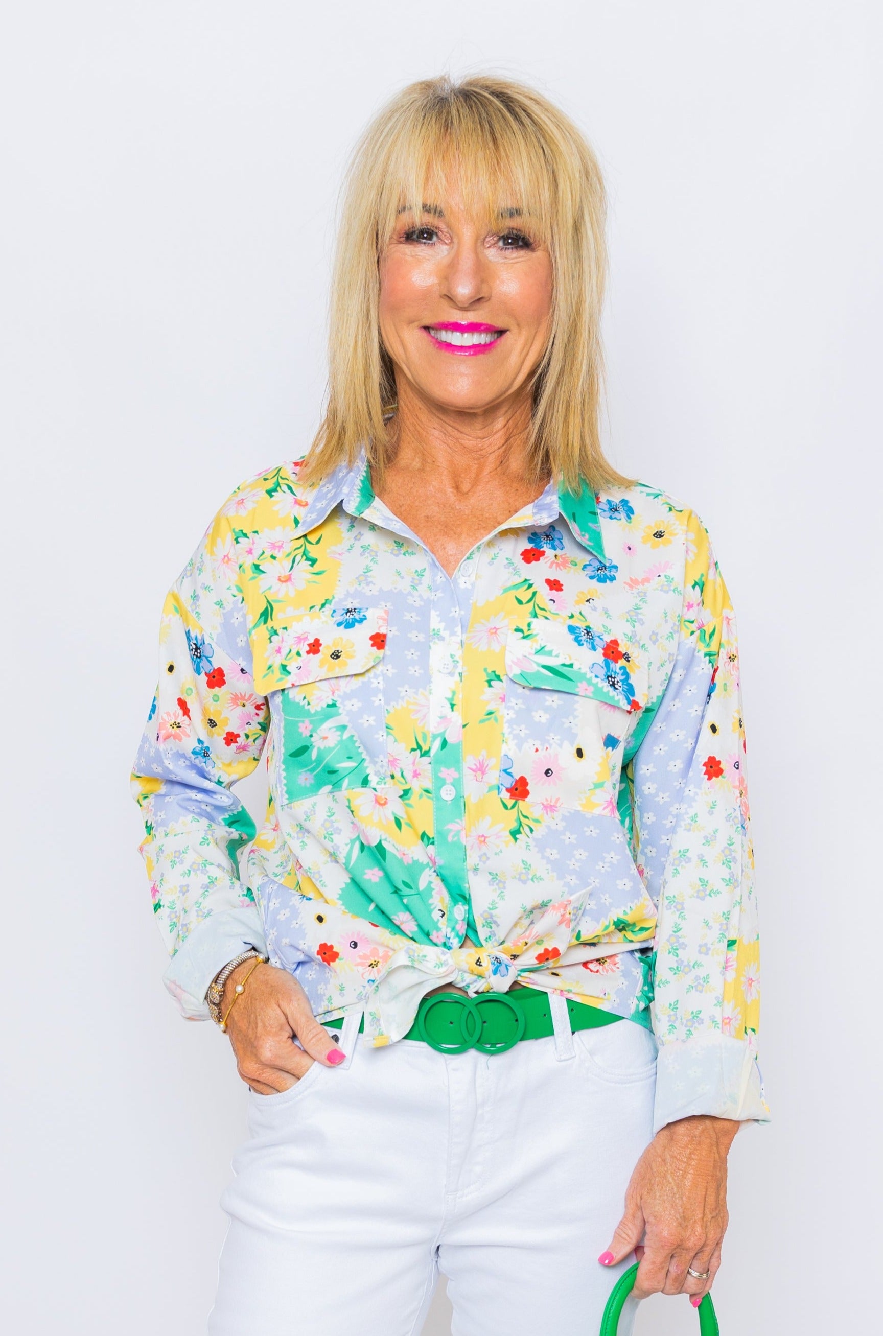 Alice Button Down Top, CREAM/GREEN/LAVENDER
