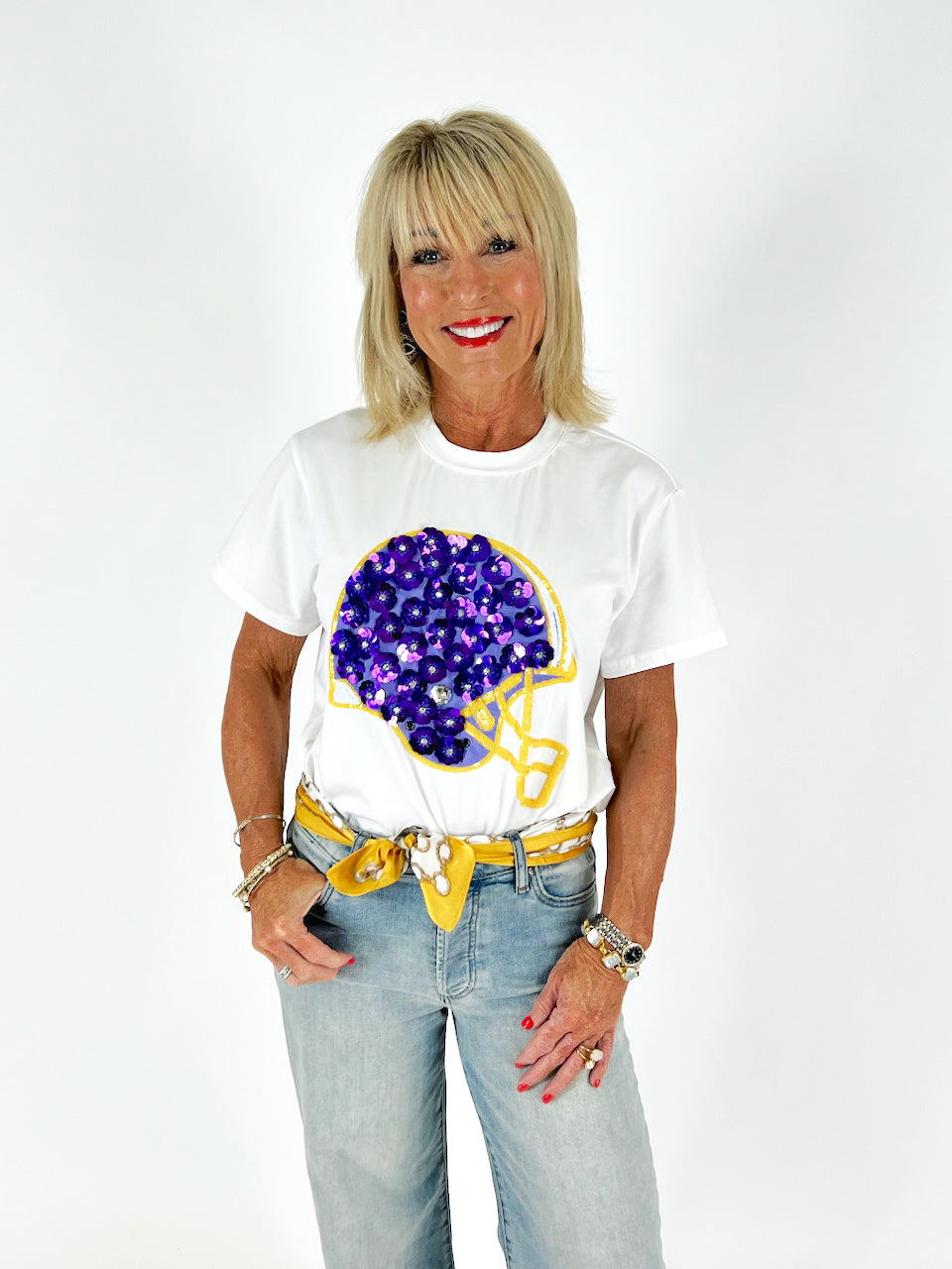 Queen of Sparkles: Purple & Yellow Flower Helmet Tee, WHITE