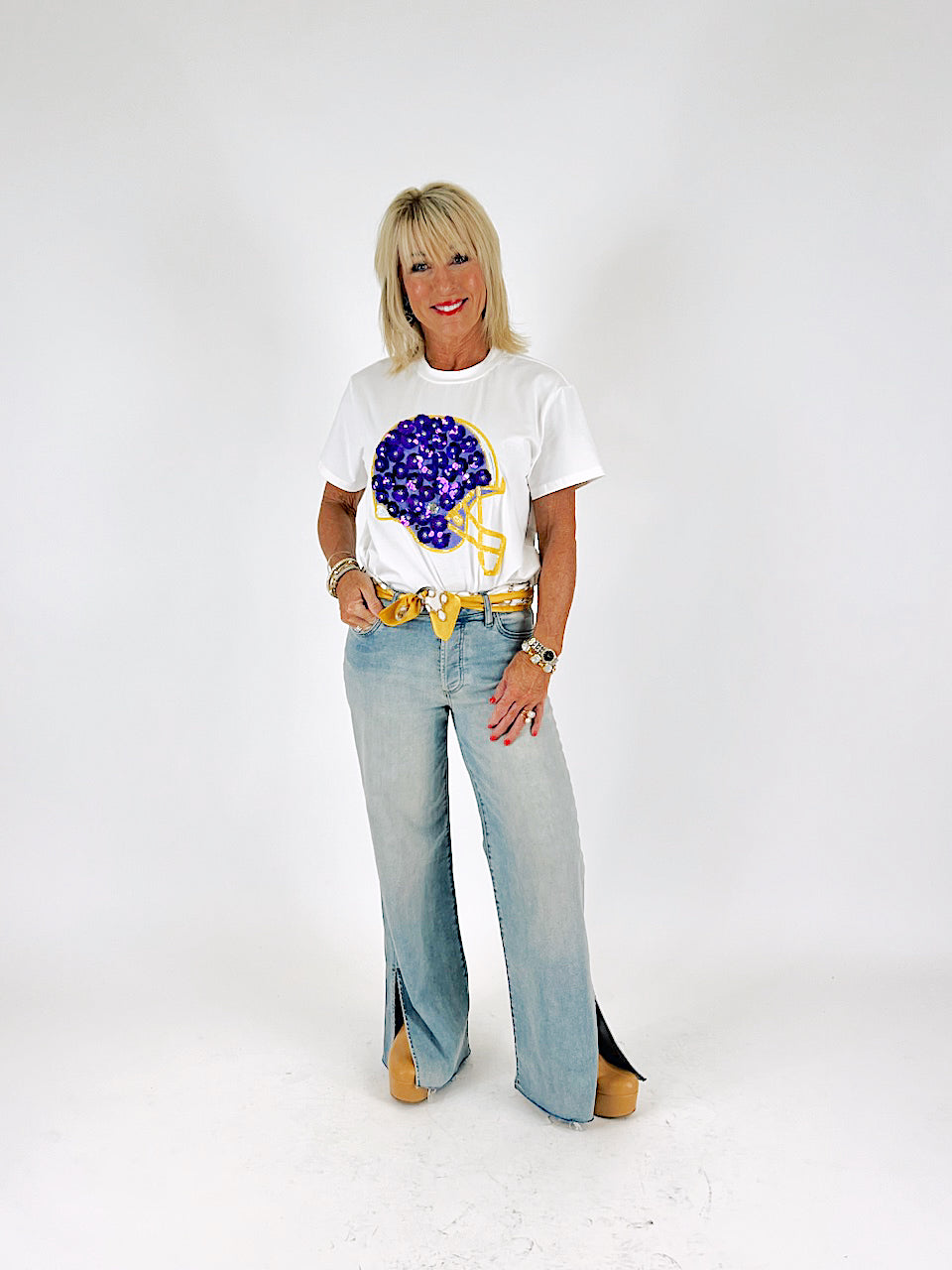 Queen of Sparkles: Purple & Yellow Flower Helmet Tee, WHITE
