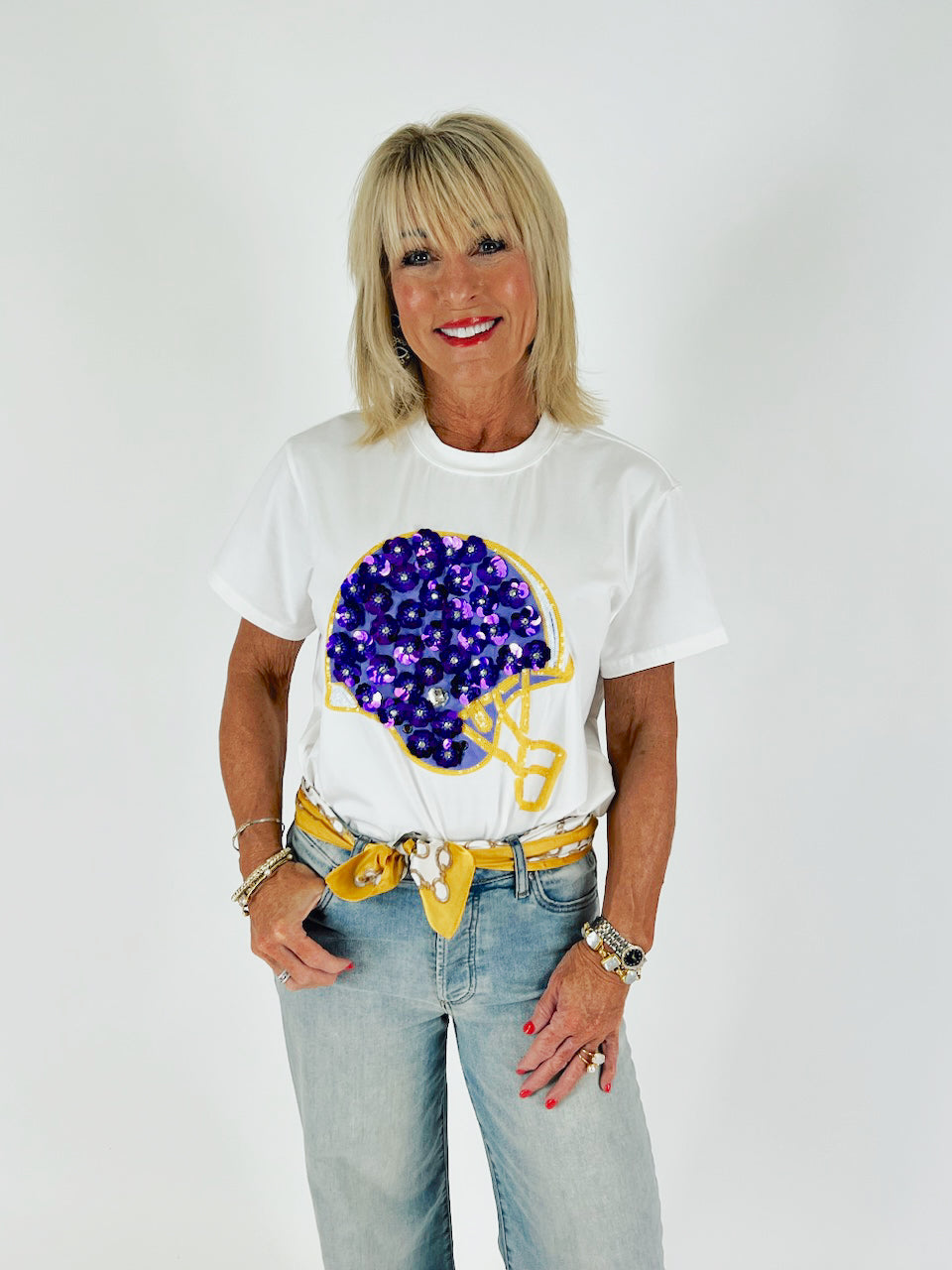 Queen of Sparkles: Purple & Yellow Flower Helmet Tee, WHITE