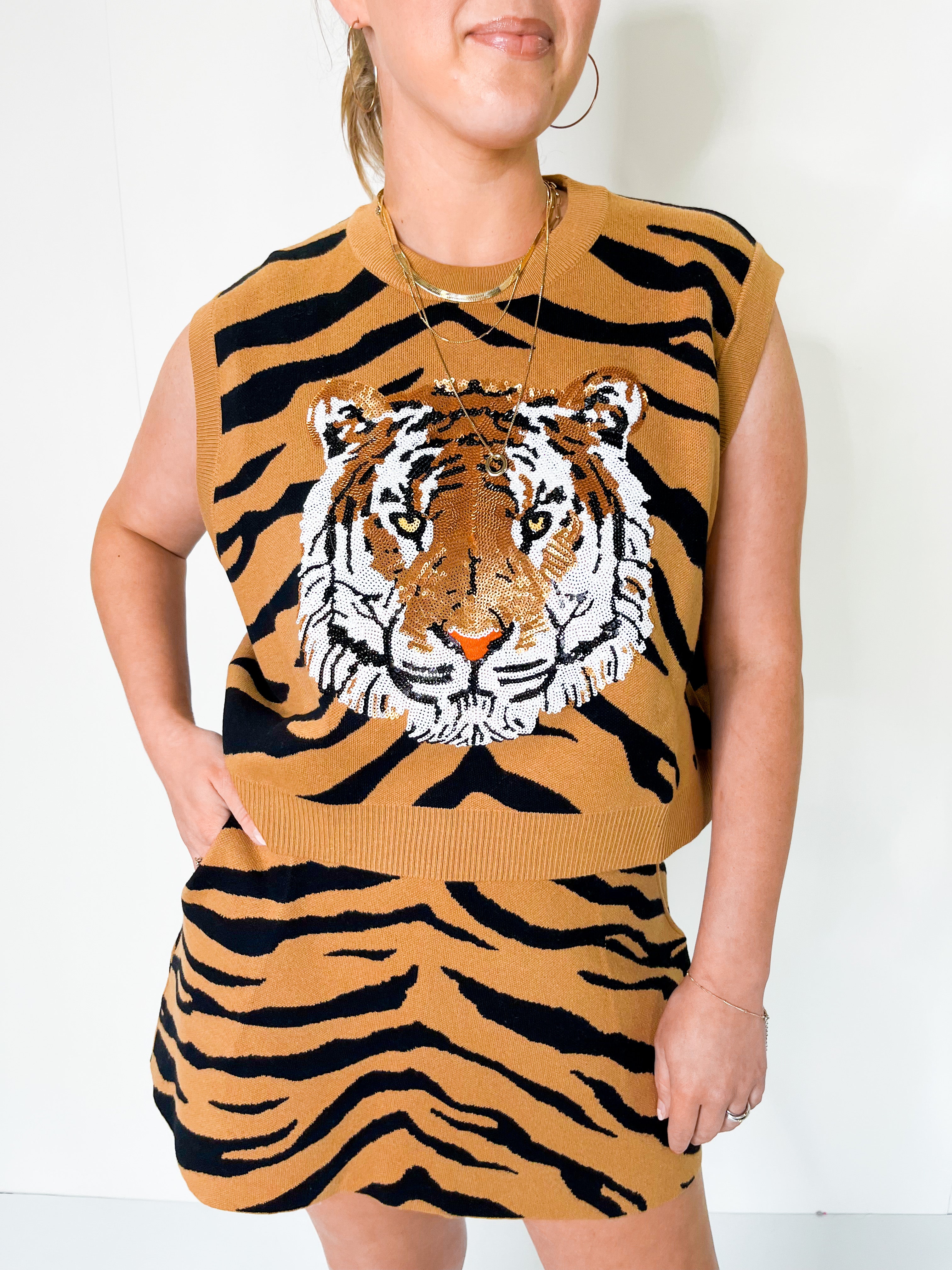 Queen of Sparkles: Tiger Stripe Tiger Face Sweater Tank, TIGER