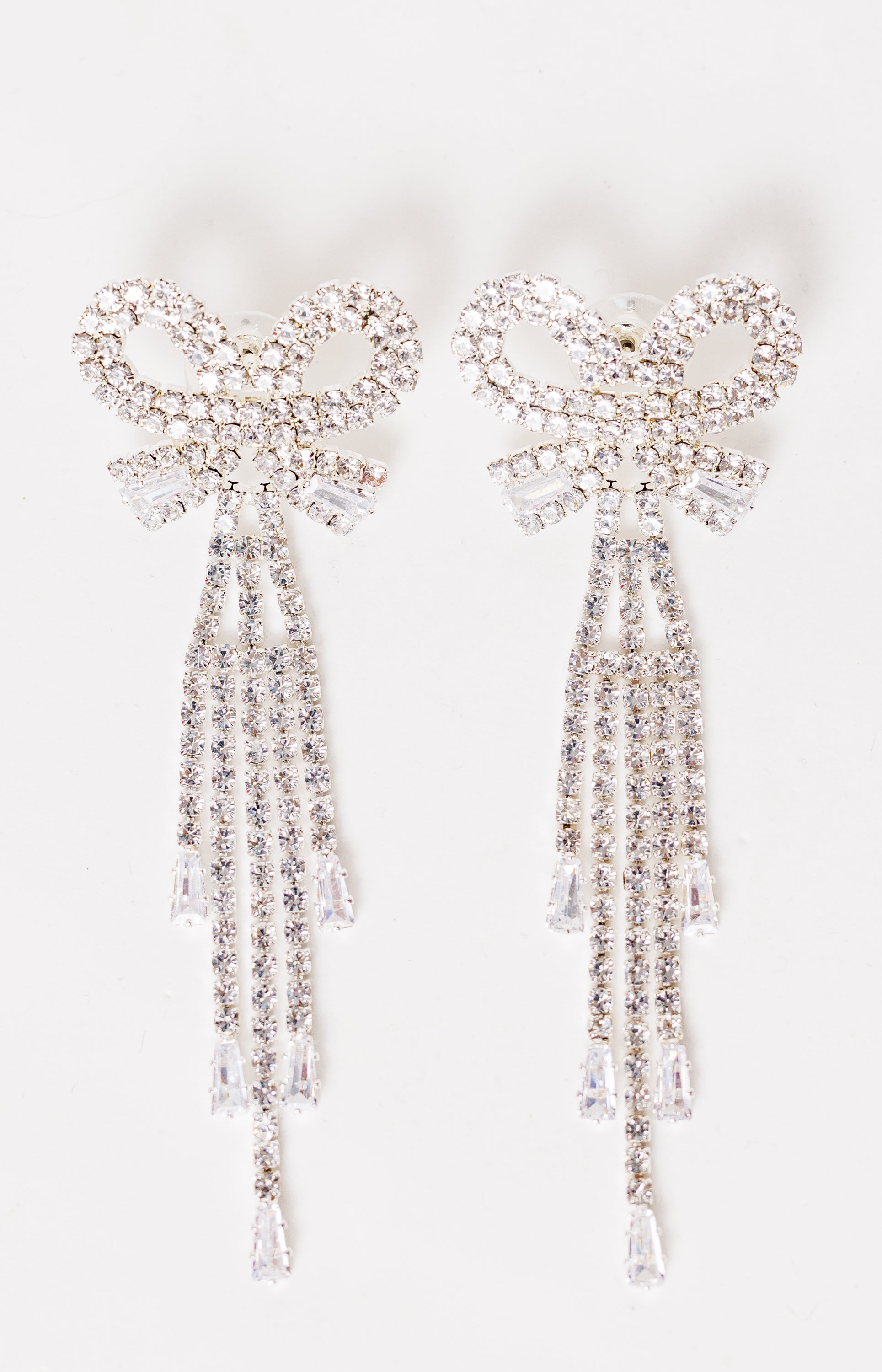 Rhinestone Bow Drop Earrings, SILVER