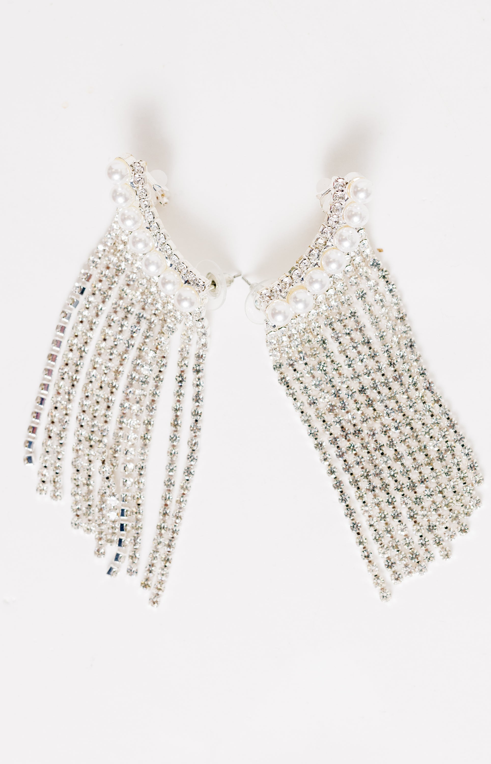 Rhinestone Pearl Fringe Earring Climber, SILVER