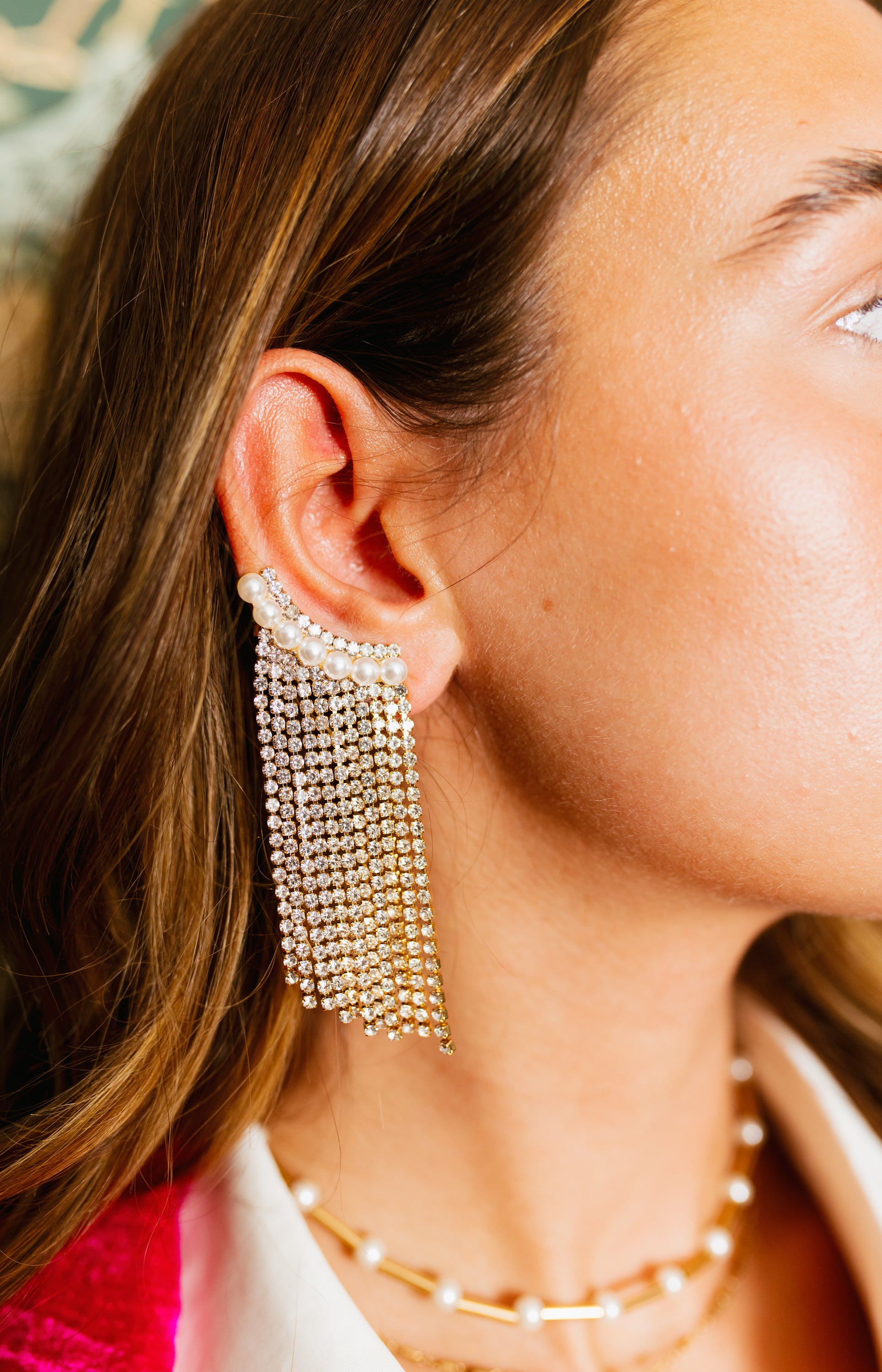 Rhinestone Pearl Fringe Earring Climber, SILVER