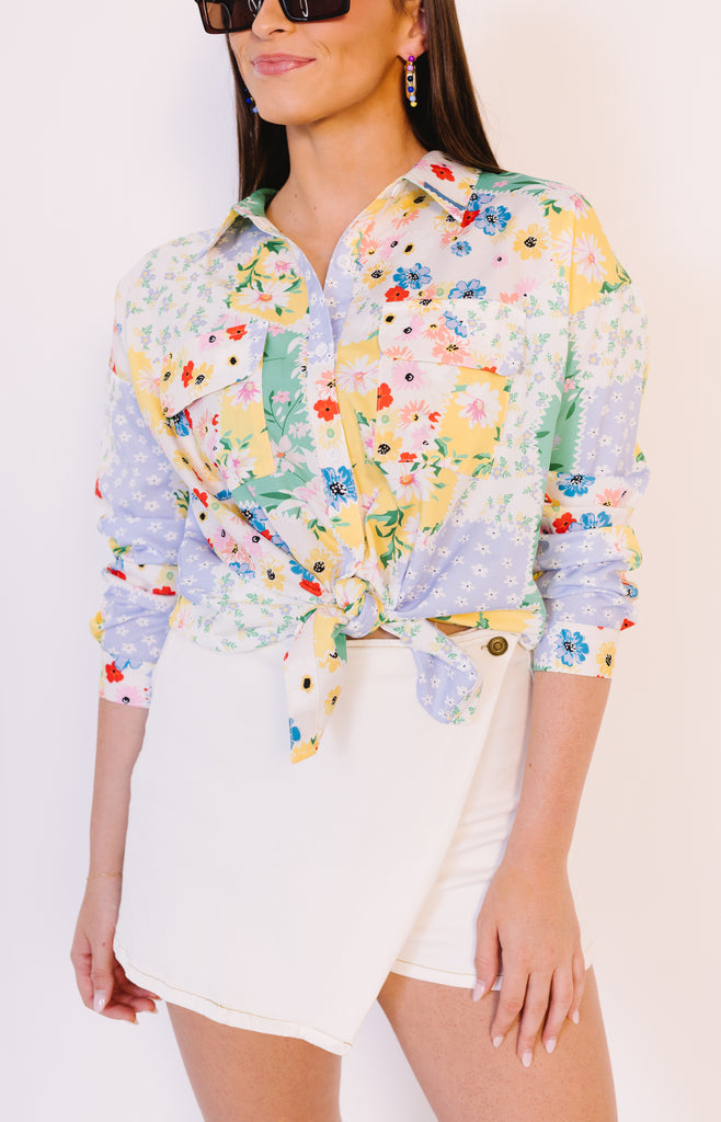Alice Button Down Top, CREAM/GREEN/LAVENDER