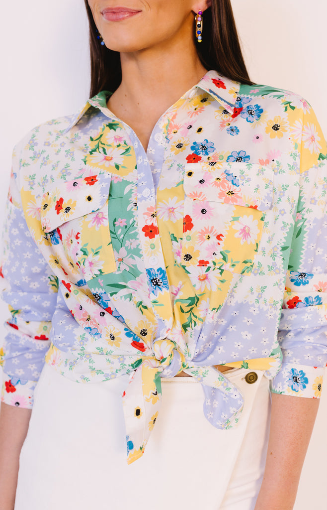 Alice Button Down Top, CREAM/GREEN/LAVENDER
