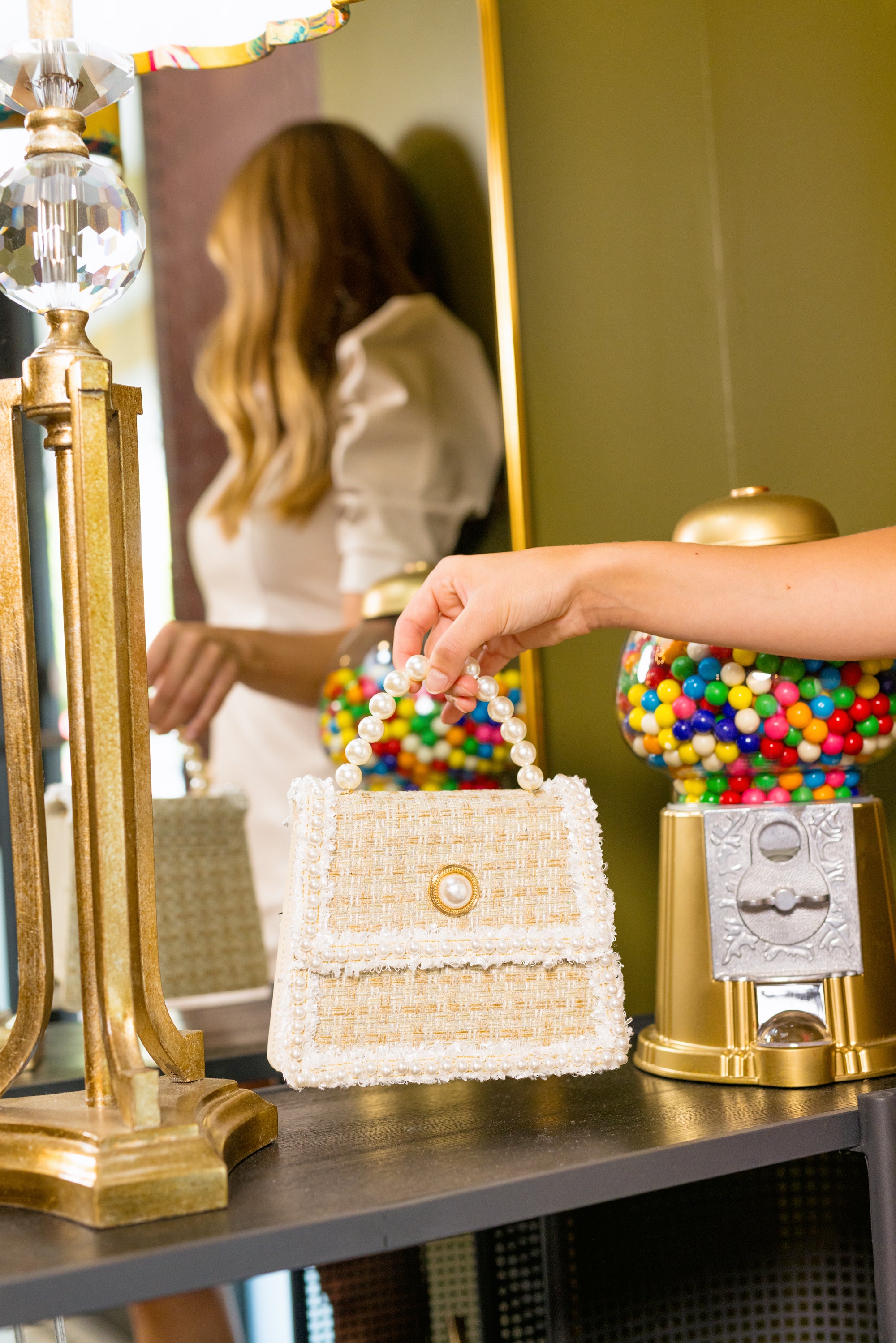 Tweed Pearl Handle Bag, IVORY