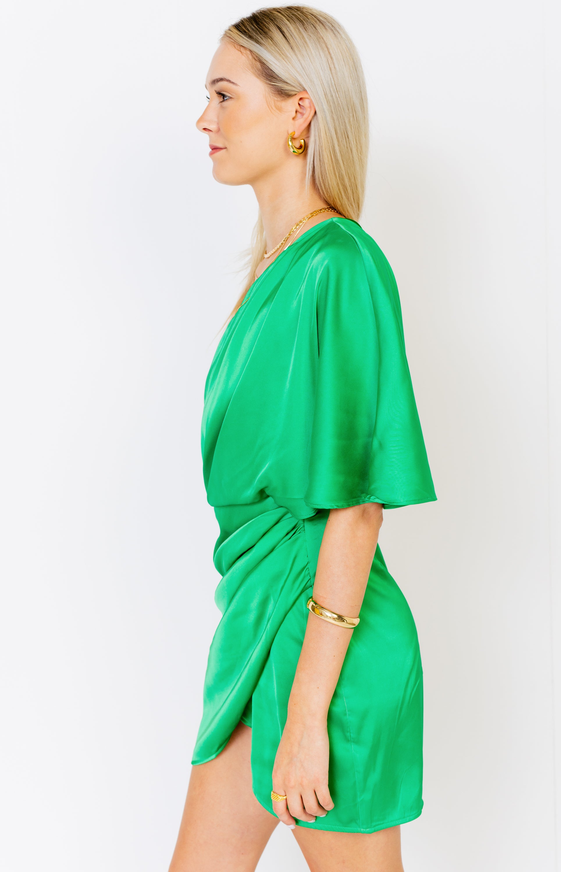 Romance One Shoulder Satin Wrap Dress , KELLY GREEN