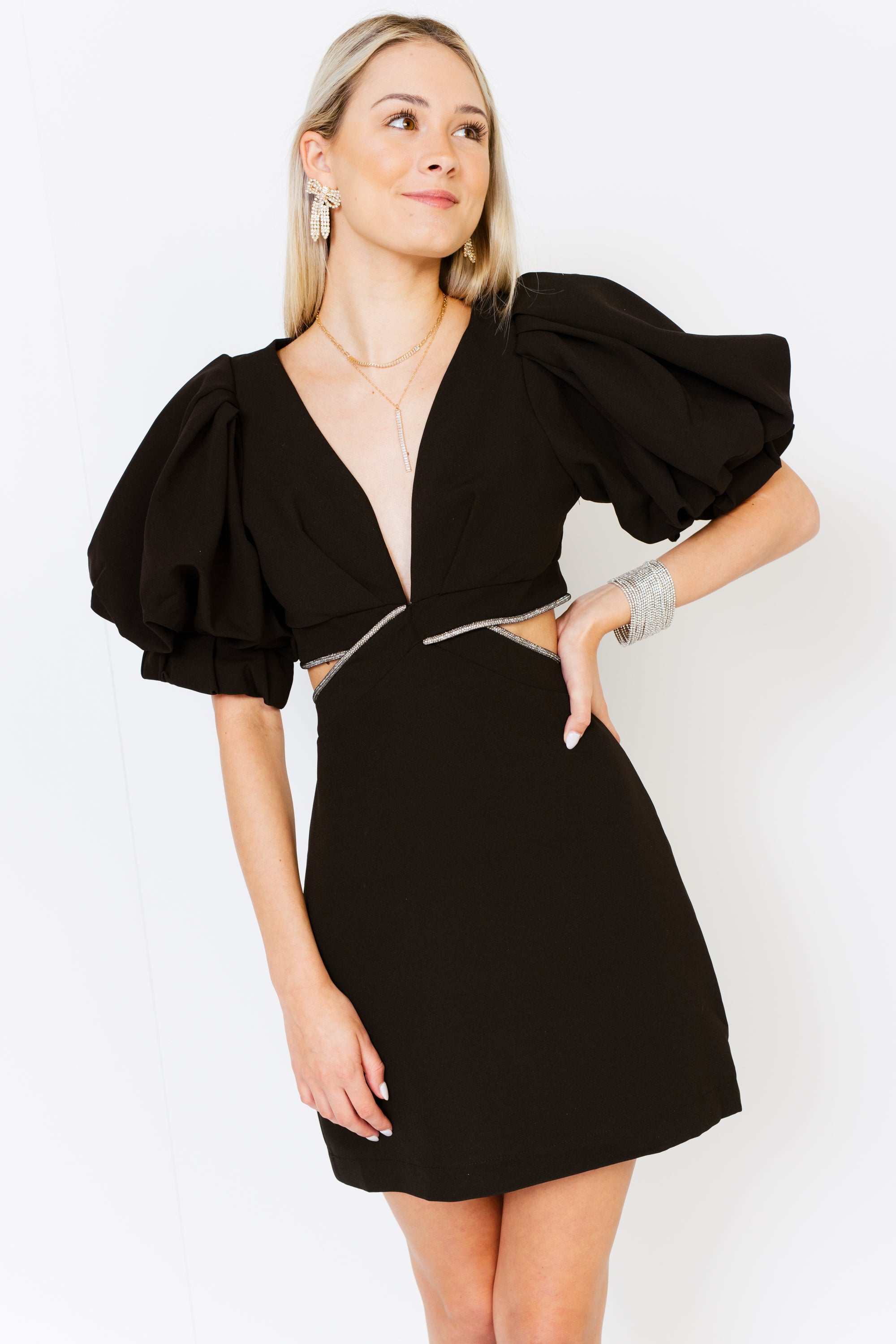 Stunning Moment Rhinestone Cutout Dress, BLACK