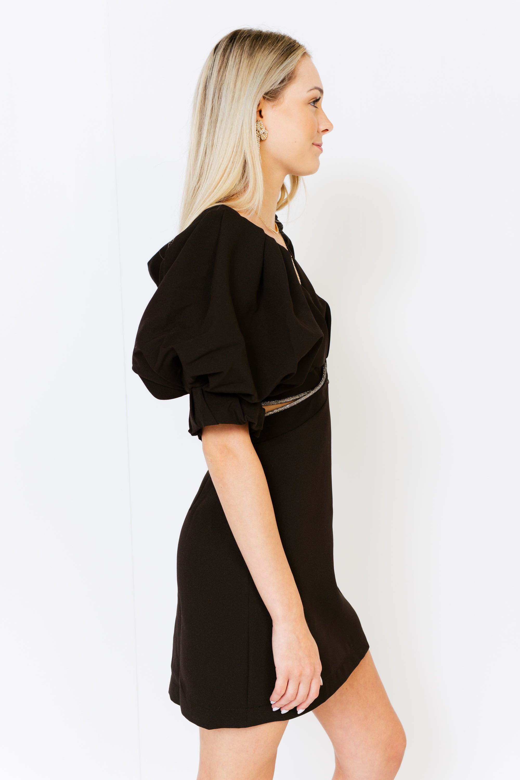 Stunning Moment Rhinestone Cutout Dress, BLACK