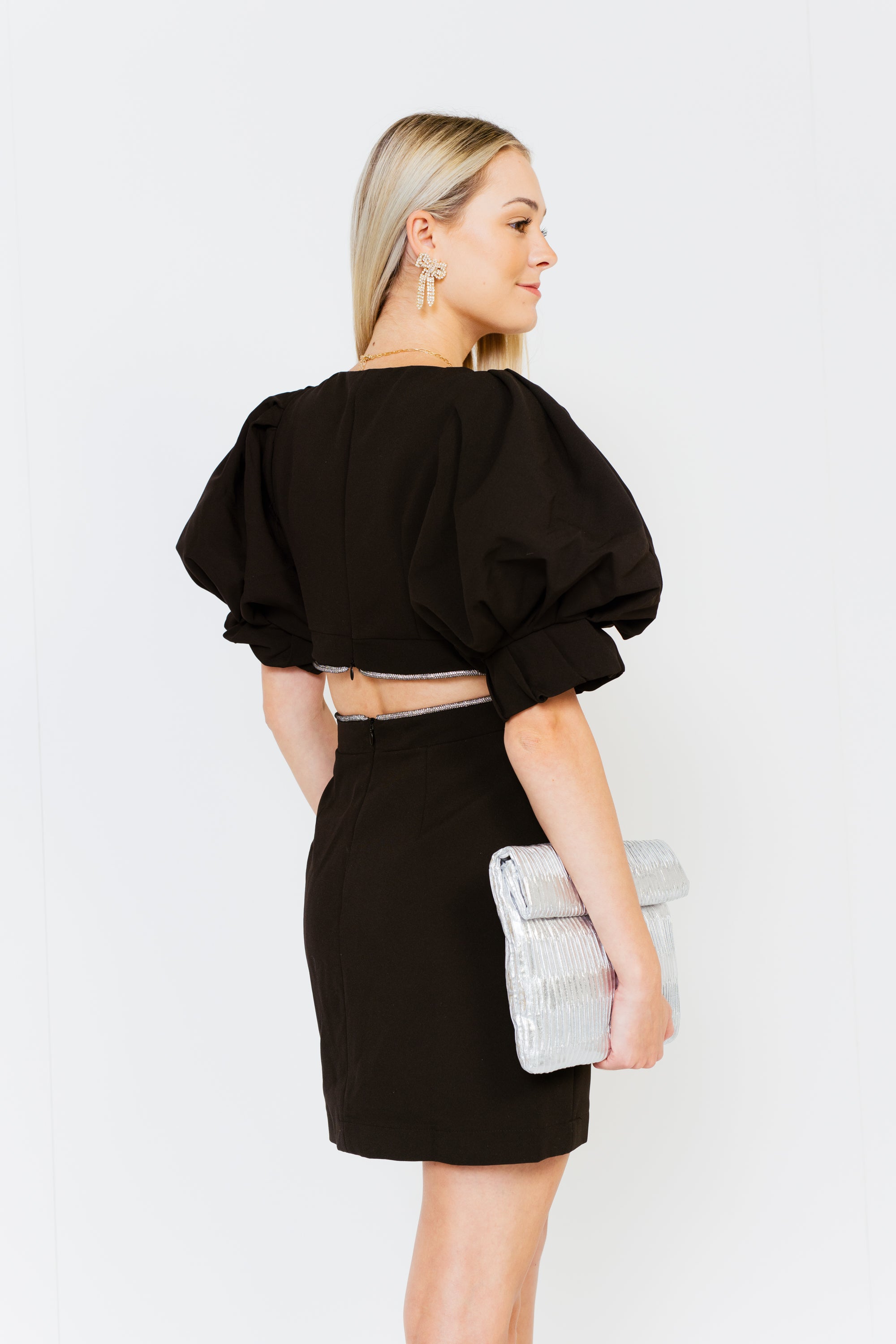 Stunning Moment Rhinestone Cutout Dress, BLACK