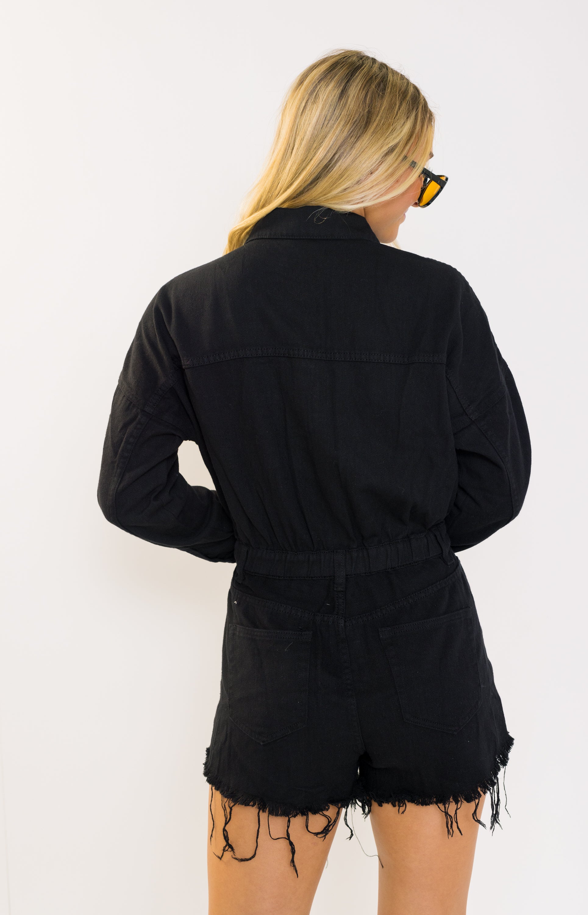 The Zoey Distressed Denim Romper, WASHED BLACK