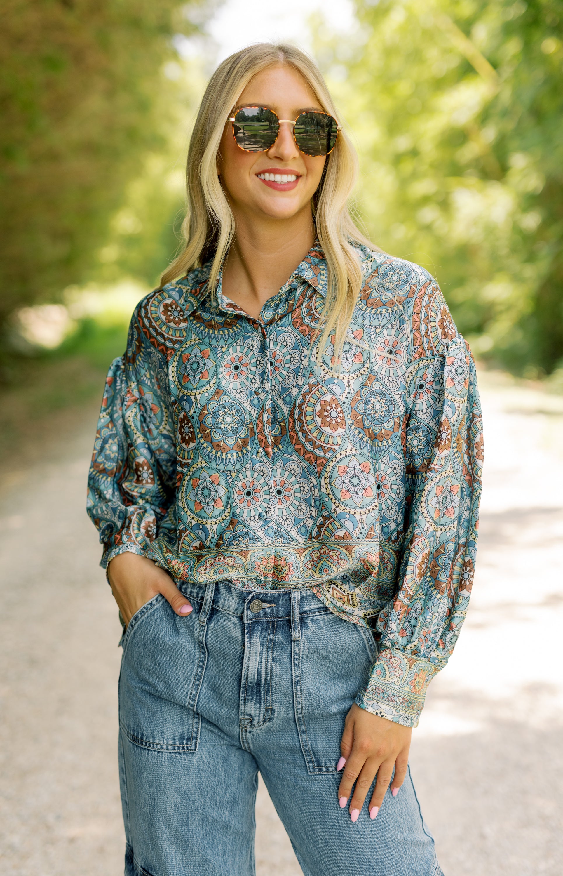 Down Memory Lane Button Down Blouse, TEAL GREEN MULTI