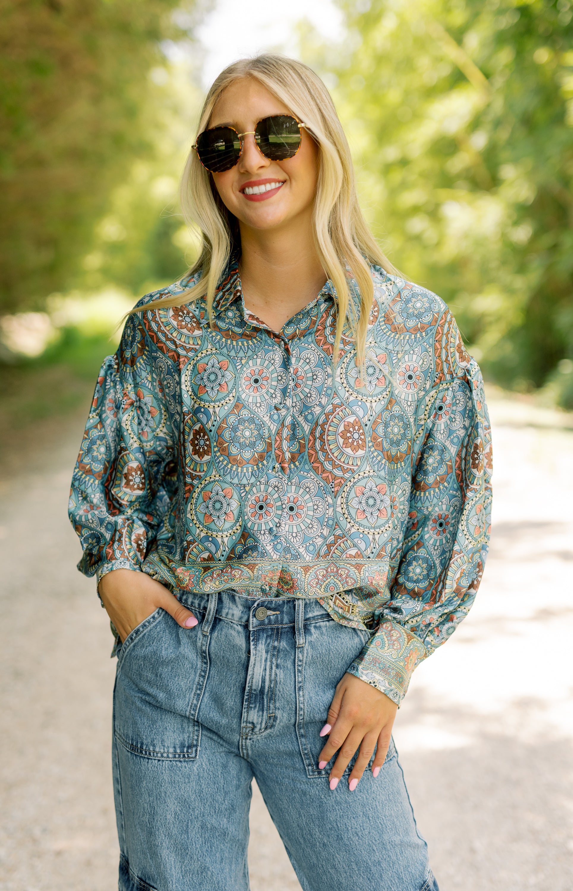 Down Memory Lane Button Down Blouse, TEAL GREEN MULTI