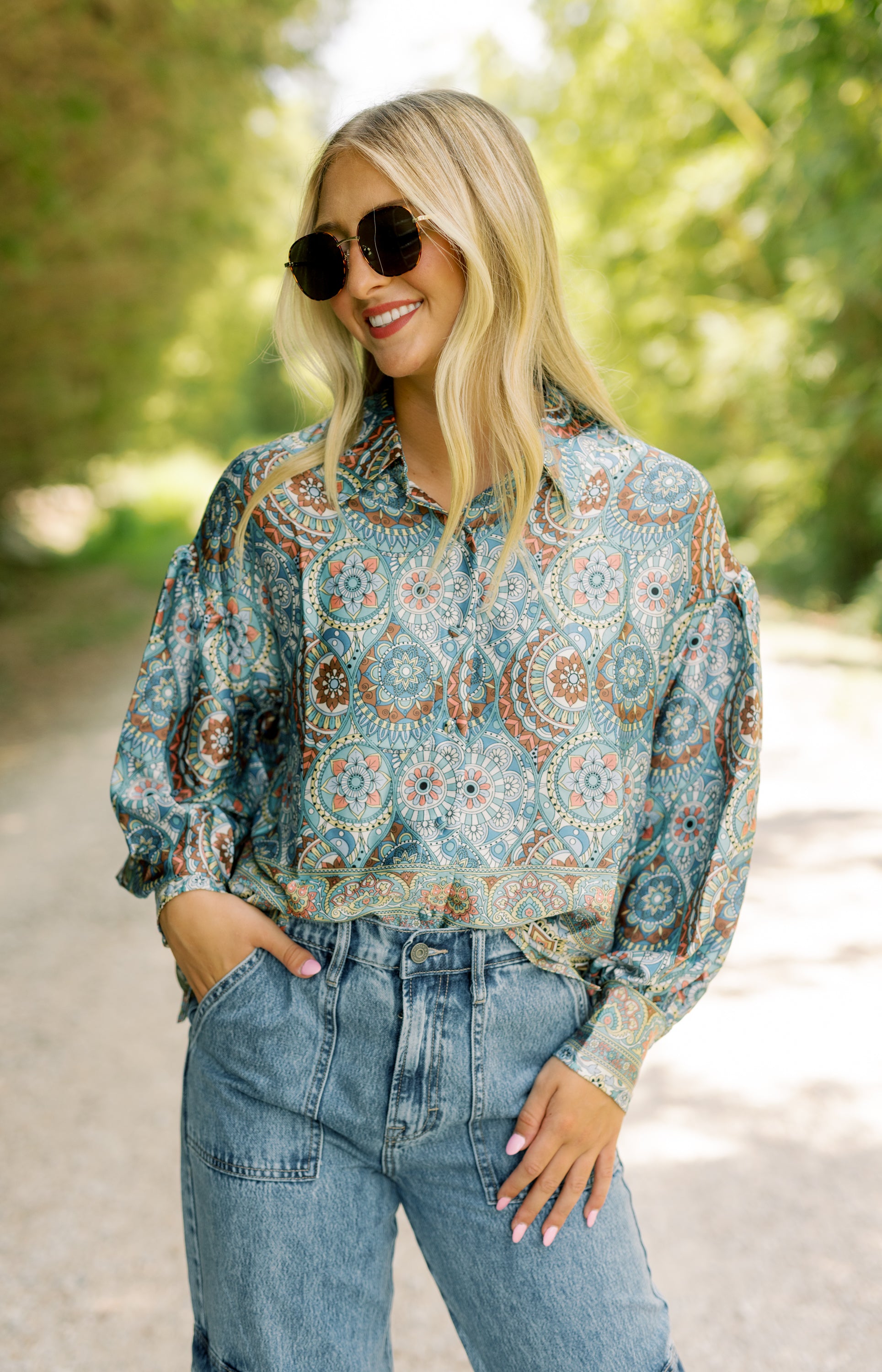 Down Memory Lane Button Down Blouse, TEAL GREEN MULTI