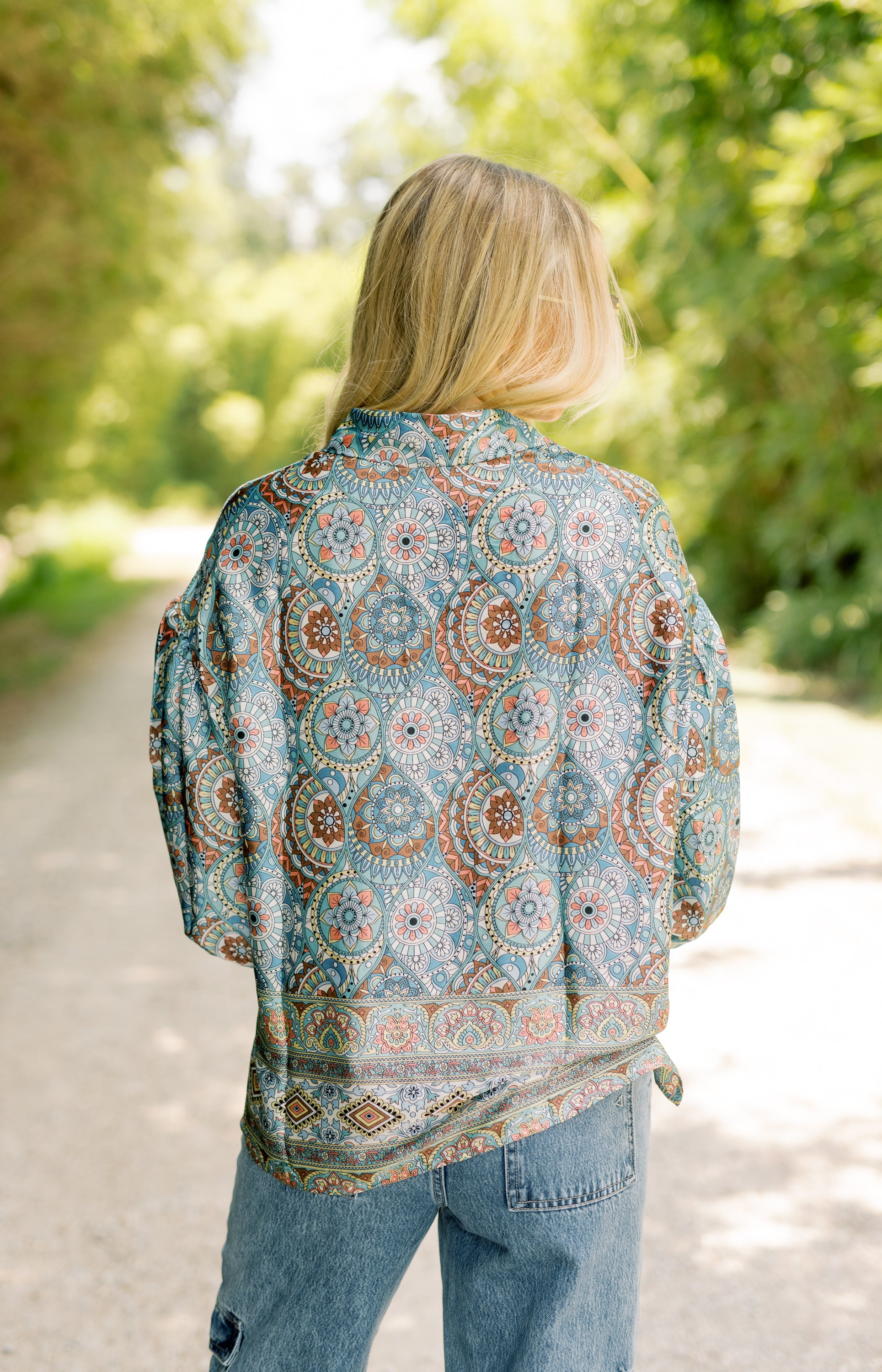 Down Memory Lane Button Down Blouse, TEAL GREEN MULTI