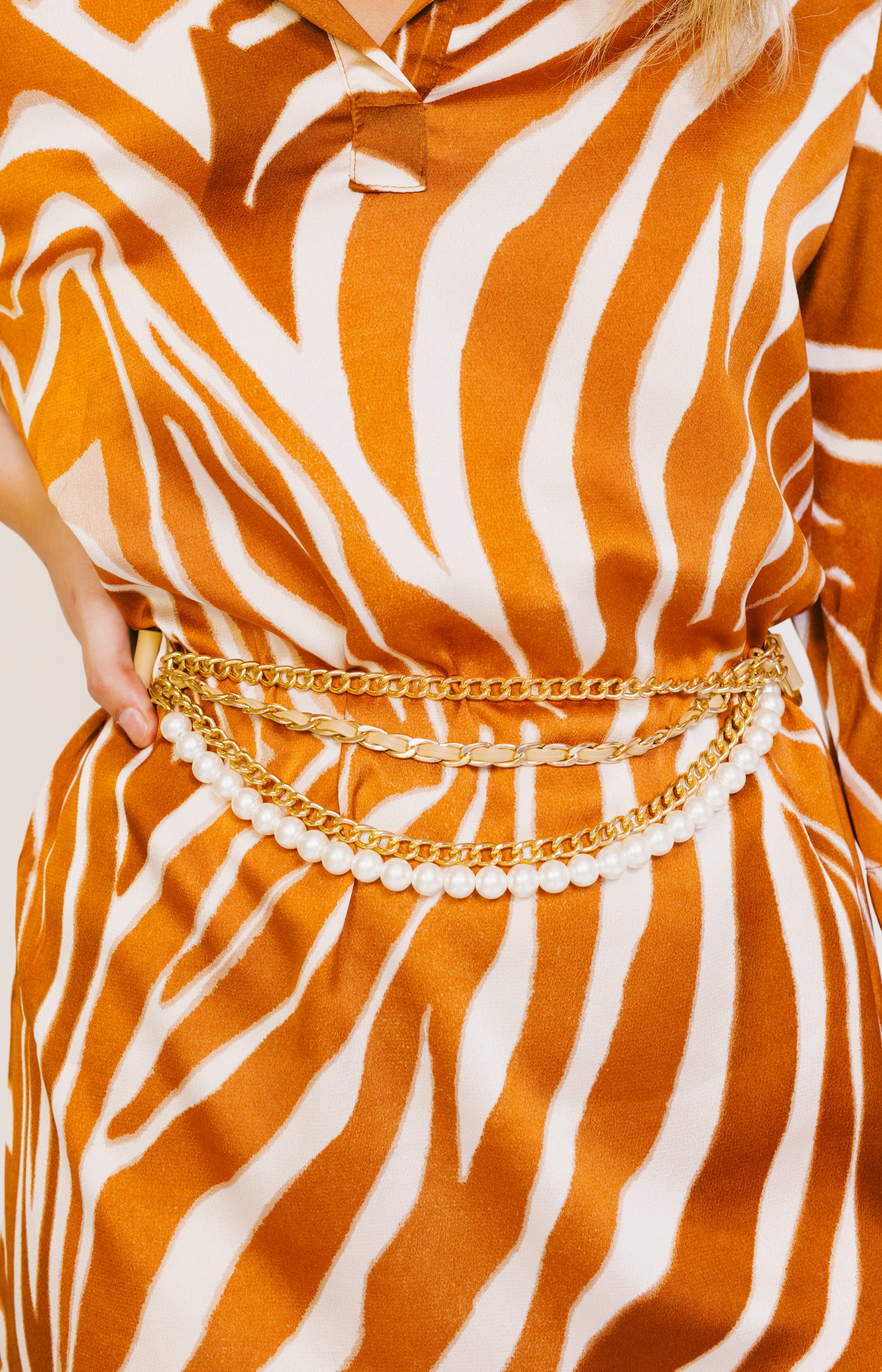 Pearl & Chain Detail Belt, IVORY