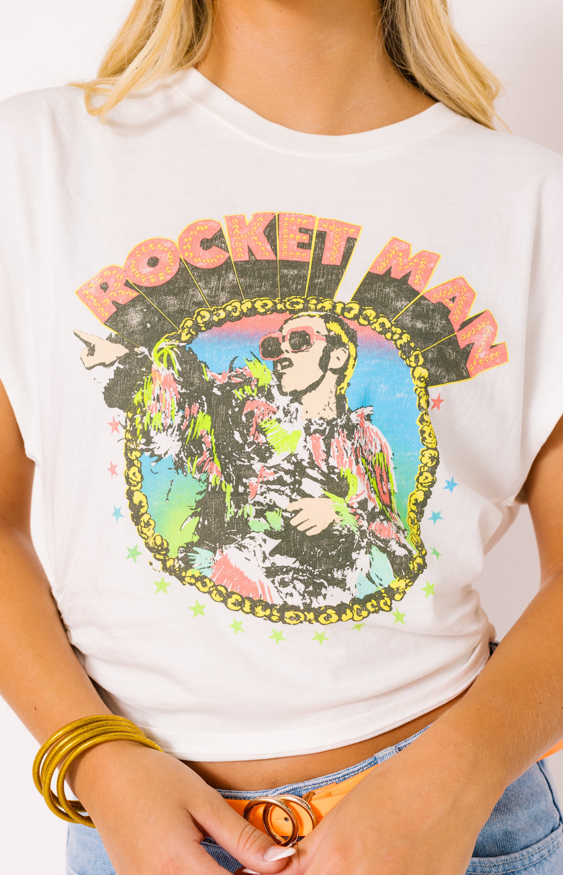 DayDreamer: Elton John Rocket Man '72 Banded Tee, VINTAGE WHITE