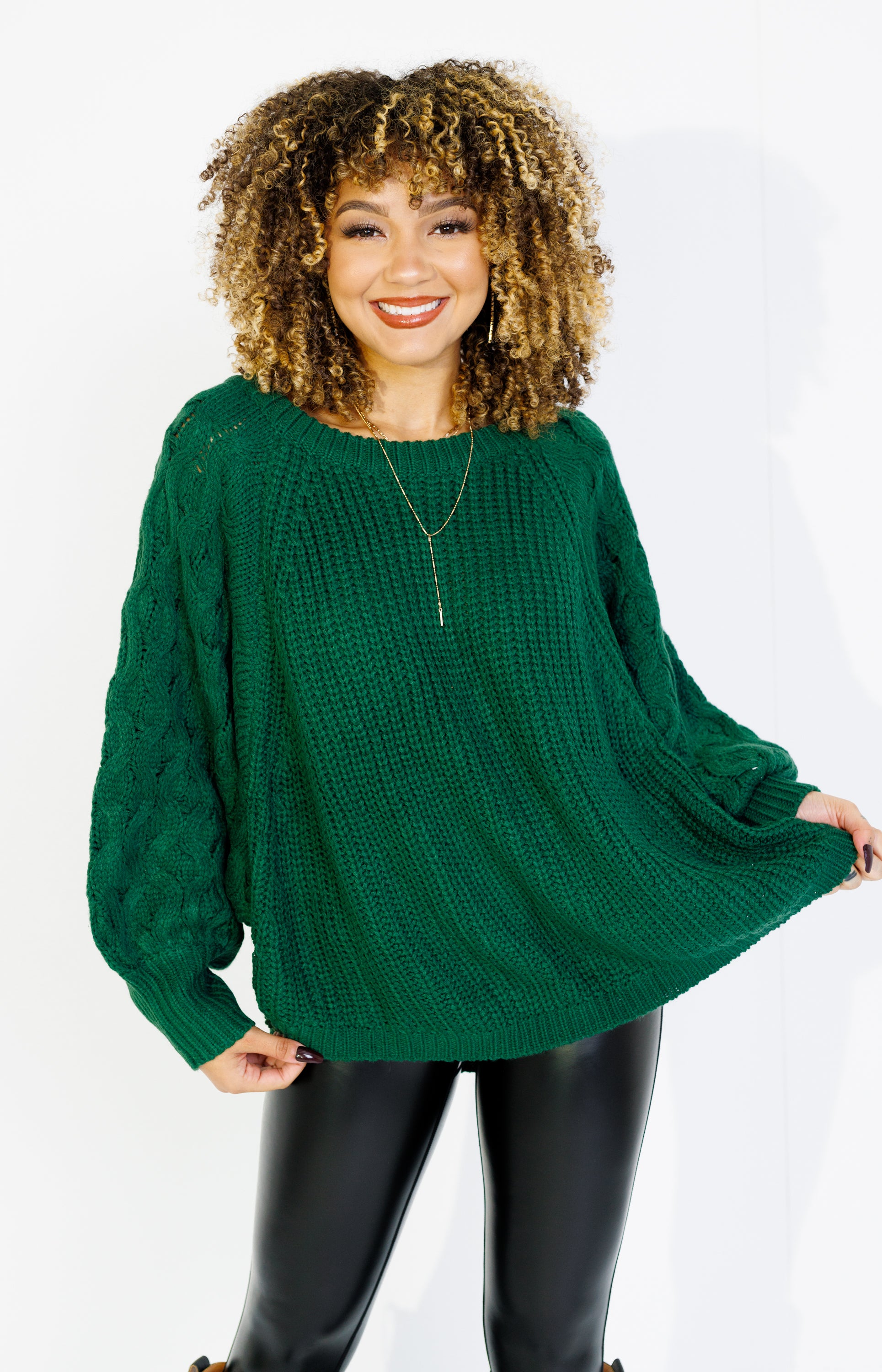 Weave Wonder Textured Sleeve Sweater, GREEN