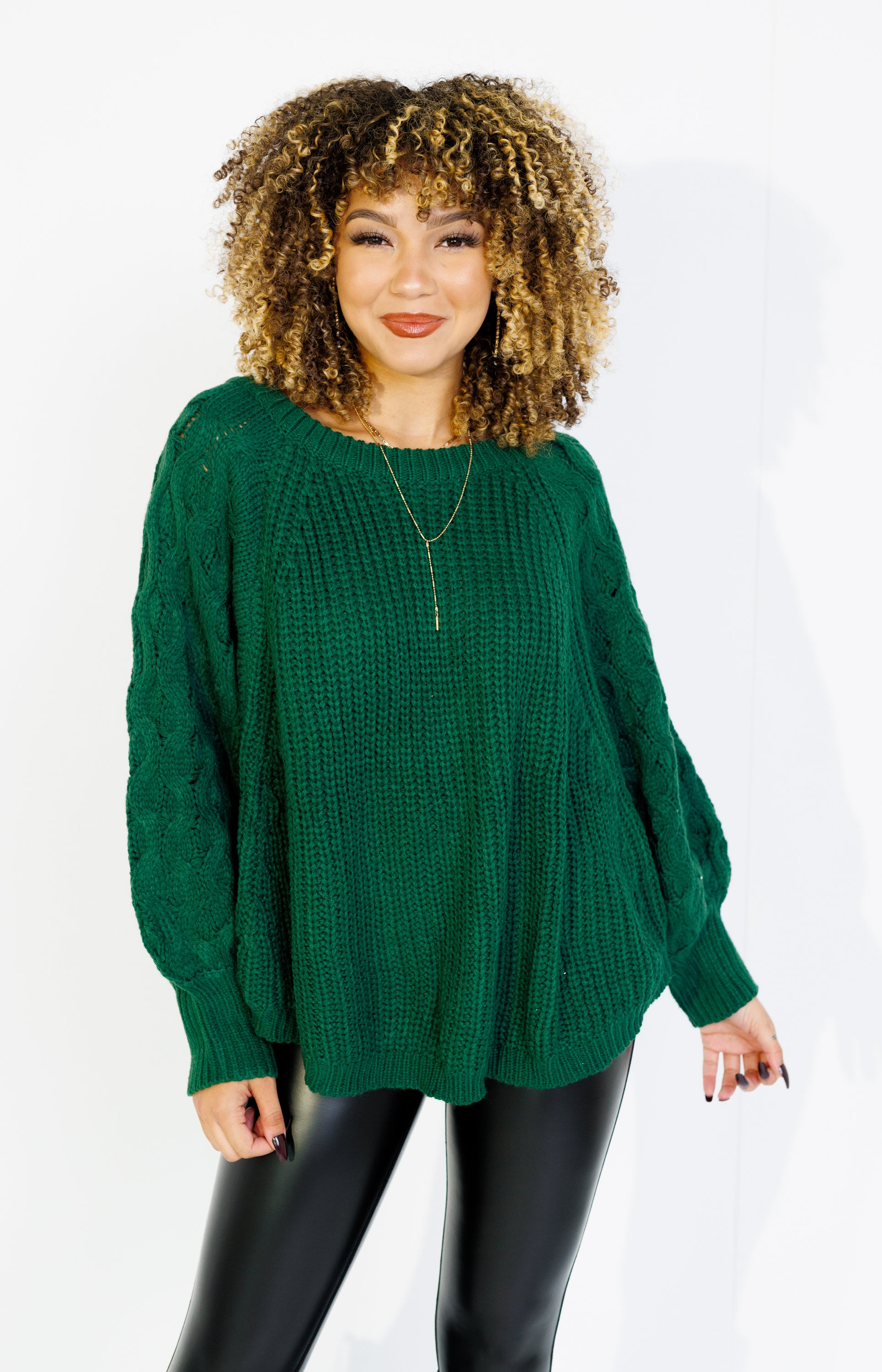 Weave Wonder Textured Sleeve Sweater, GREEN