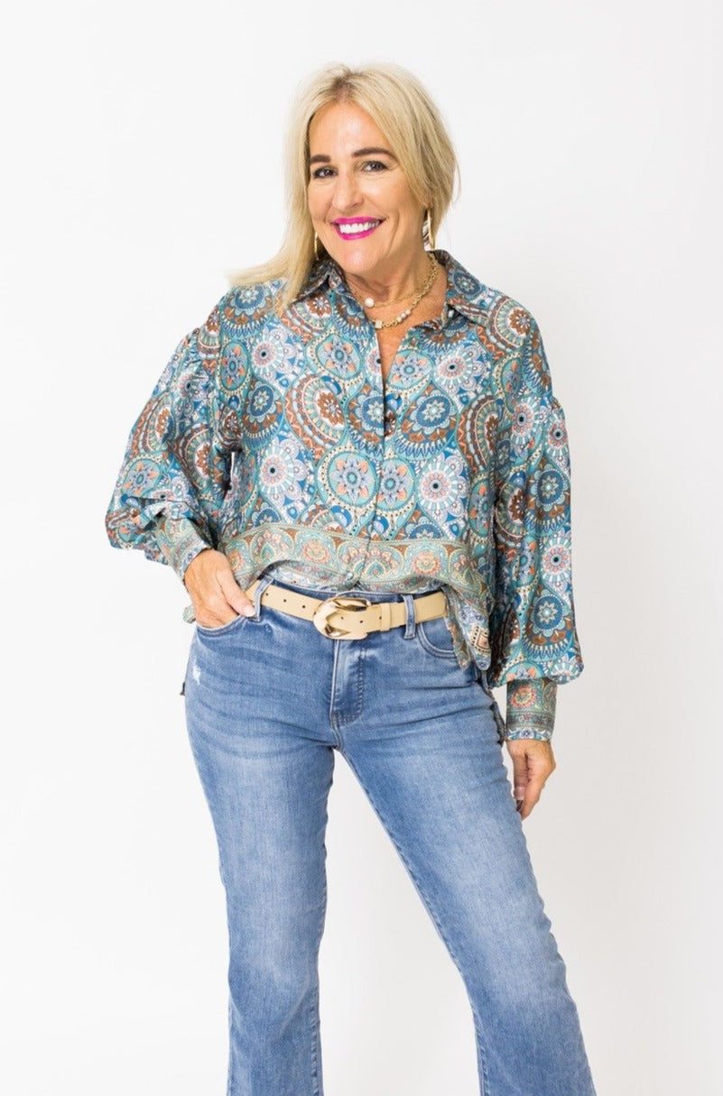 Down Memory Lane Button Down Blouse, TEAL GREEN MULTI
