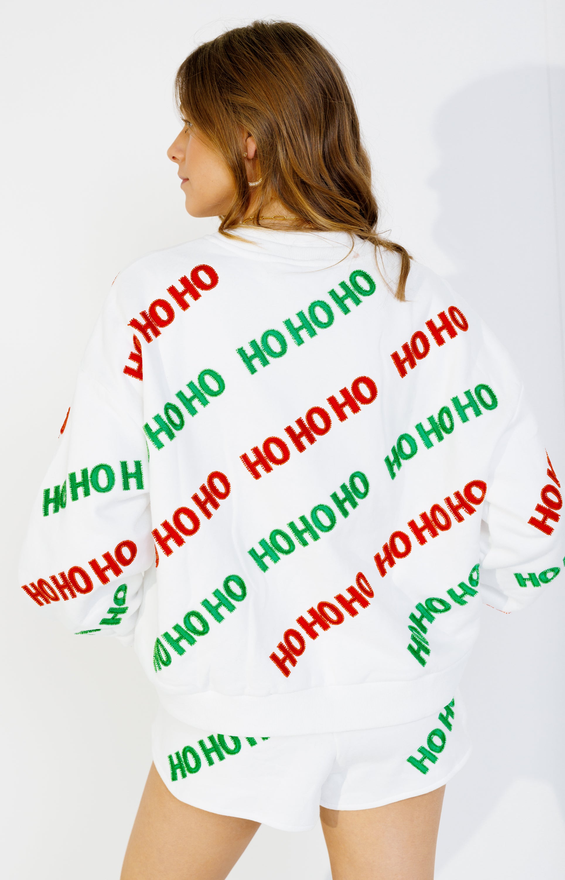 Queen of Sparkles: Beaded HO HO HO Sweatshirt, WHITE