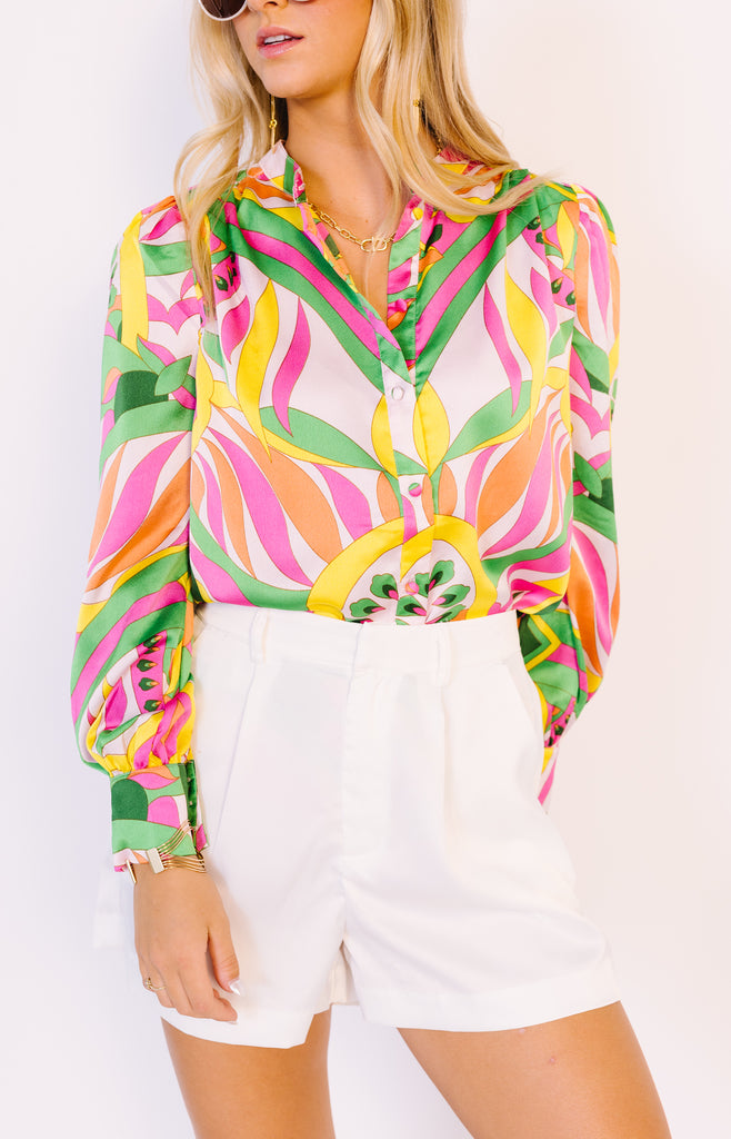 Mila Button Down Blouse, YELLOW/PINK
