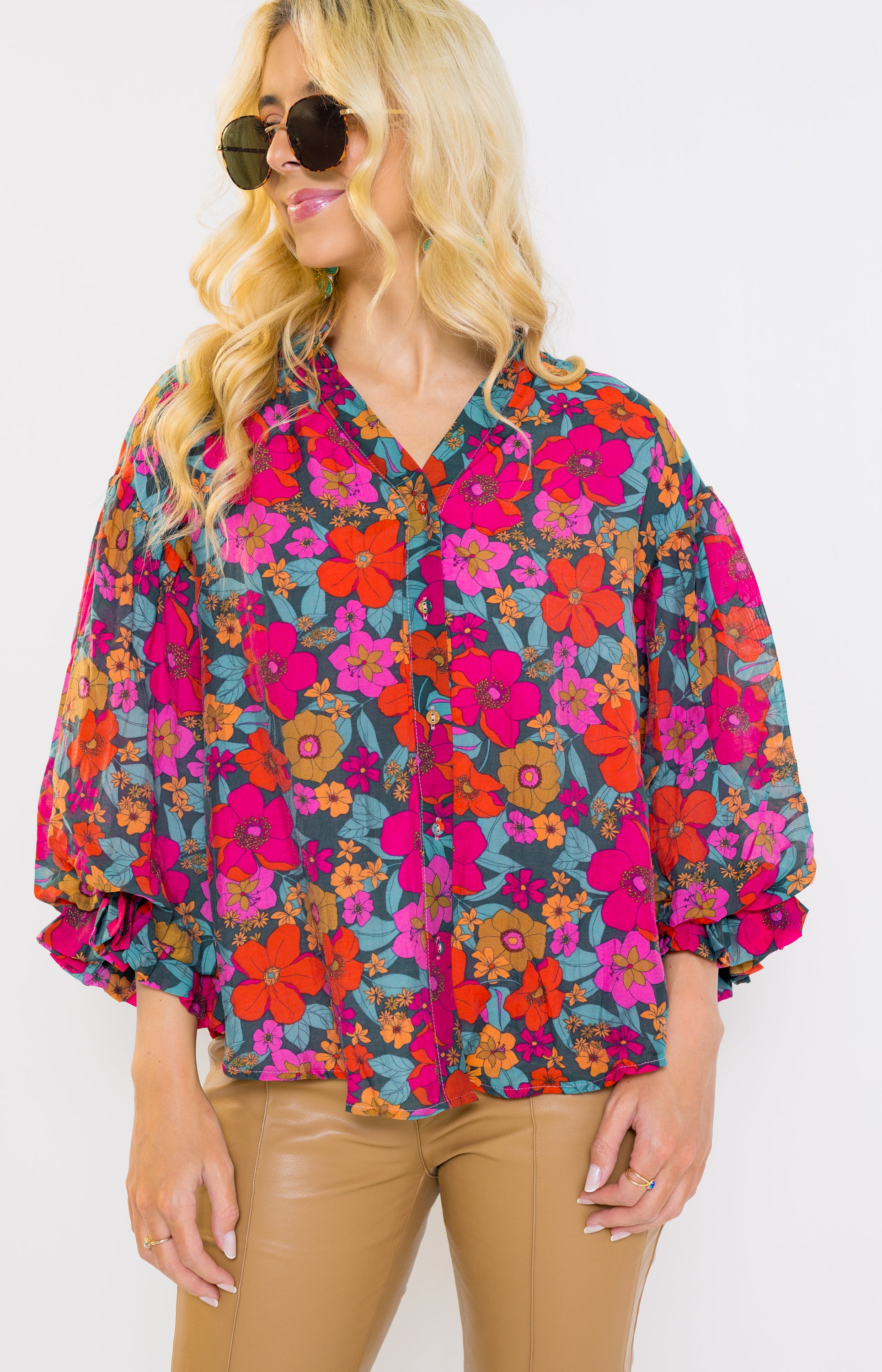 Stunning Blossoms Blouse, TEAL FUCHSIA MULTI