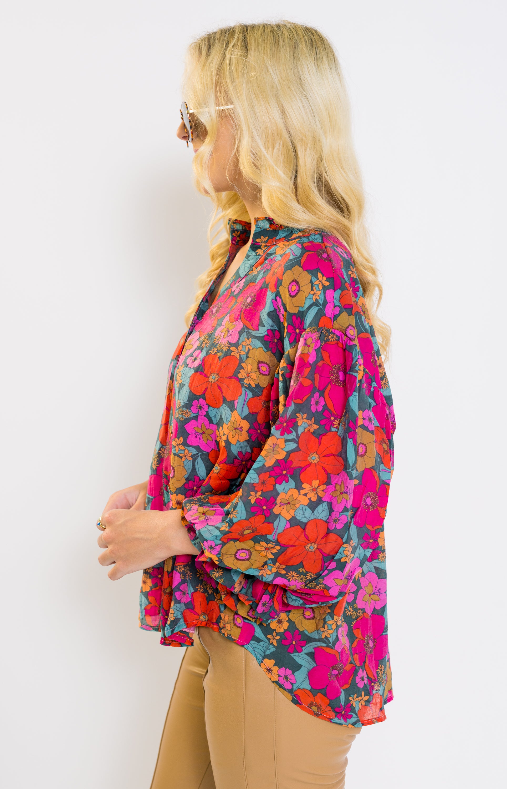 Stunning Blossoms Blouse, TEAL FUCHSIA MULTI