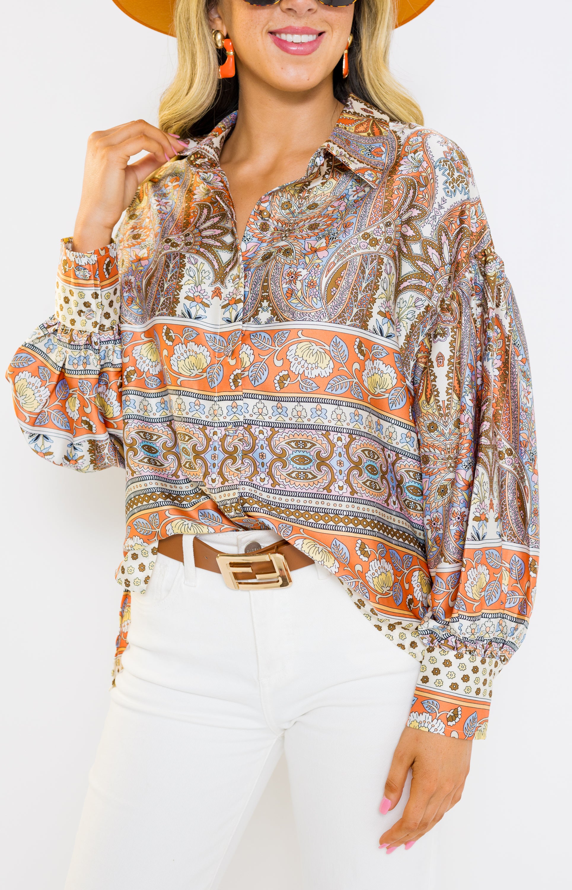 Down Memory Lane Blouse, BROWN MULTI