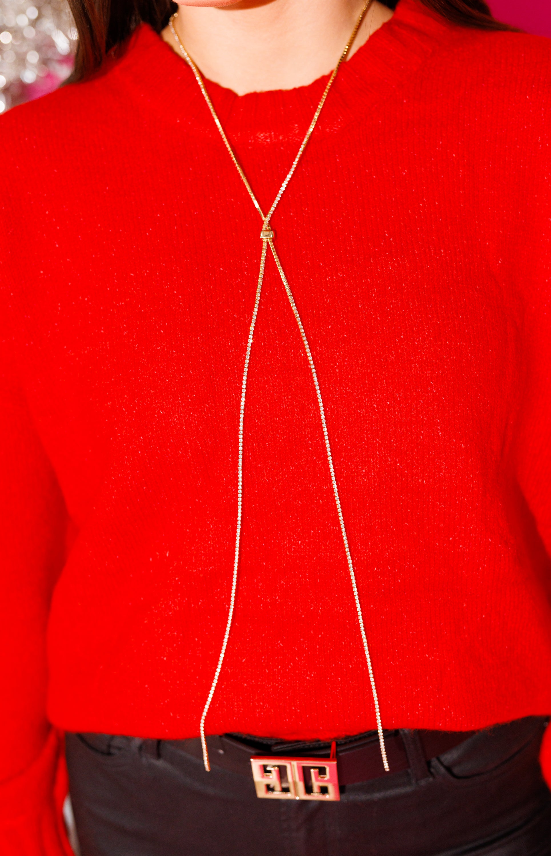 Long Detailed Rhinestone Necklace, GOLD
