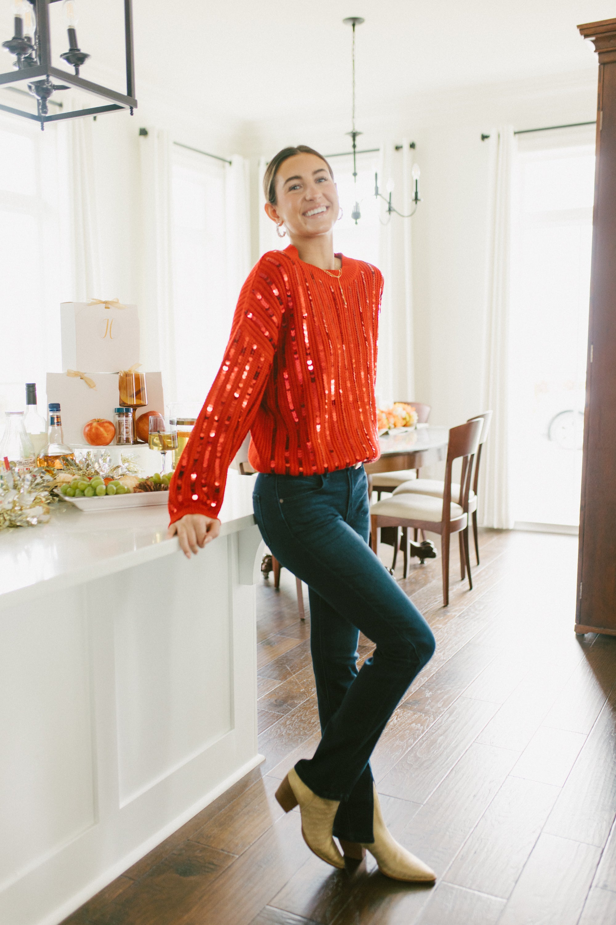 Reign Sequin Drop Sweater, RED