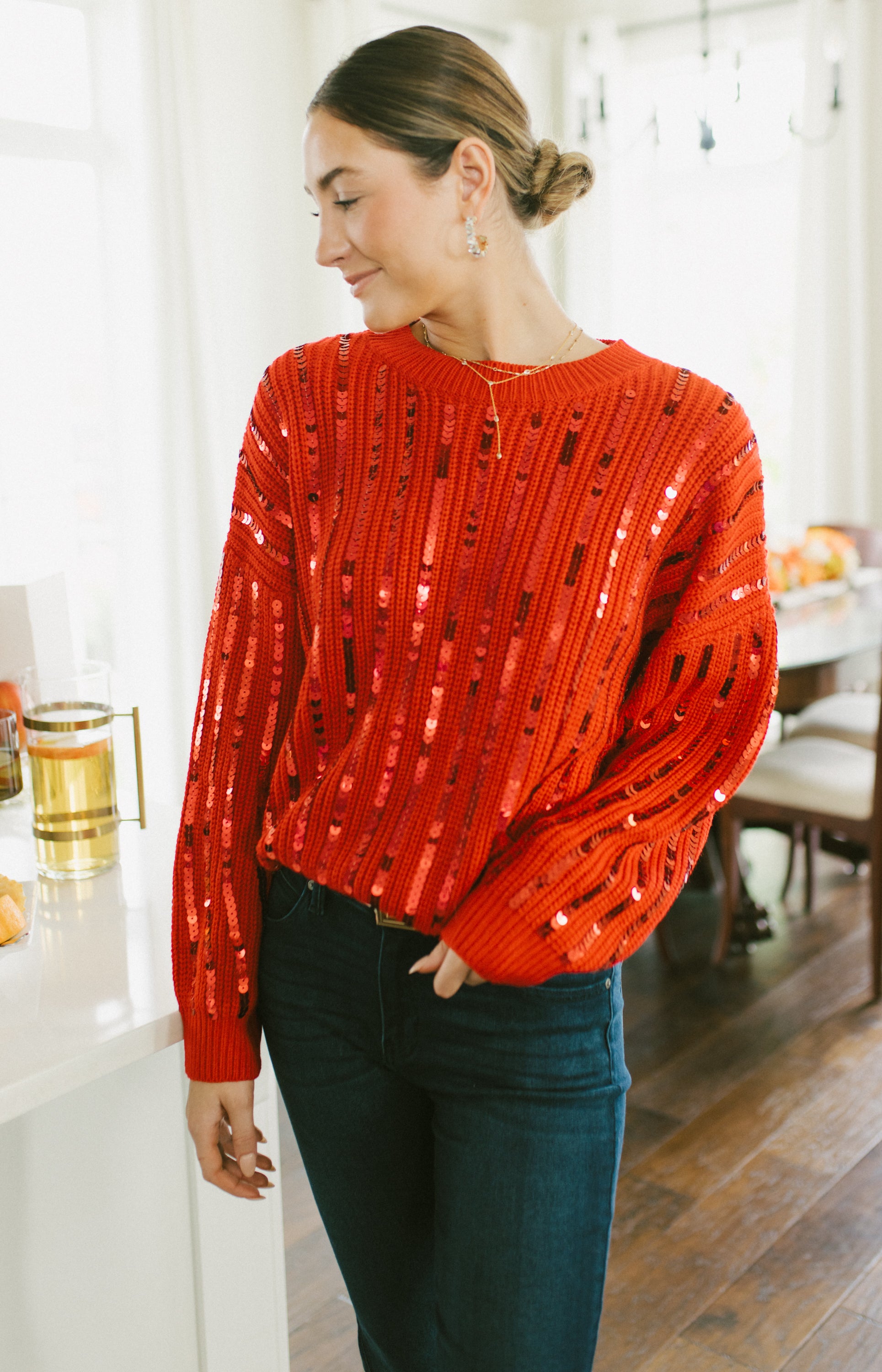 Reign Sequin Drop Sweater, RED