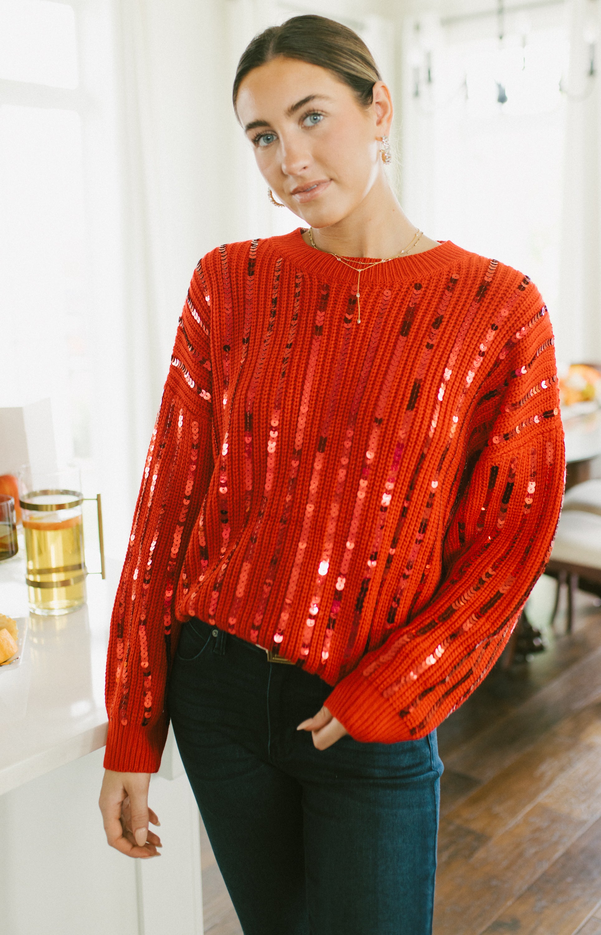 Reign Sequin Drop Sweater, RED