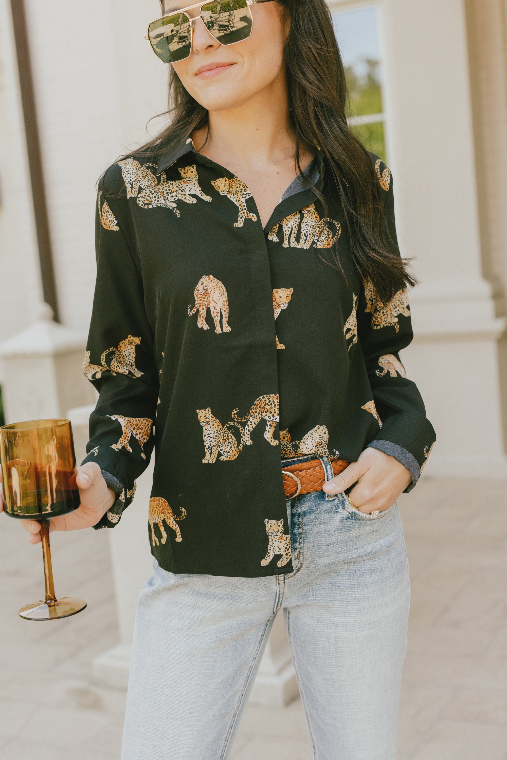 THML: Wild Allure Button Down Top, BLACK