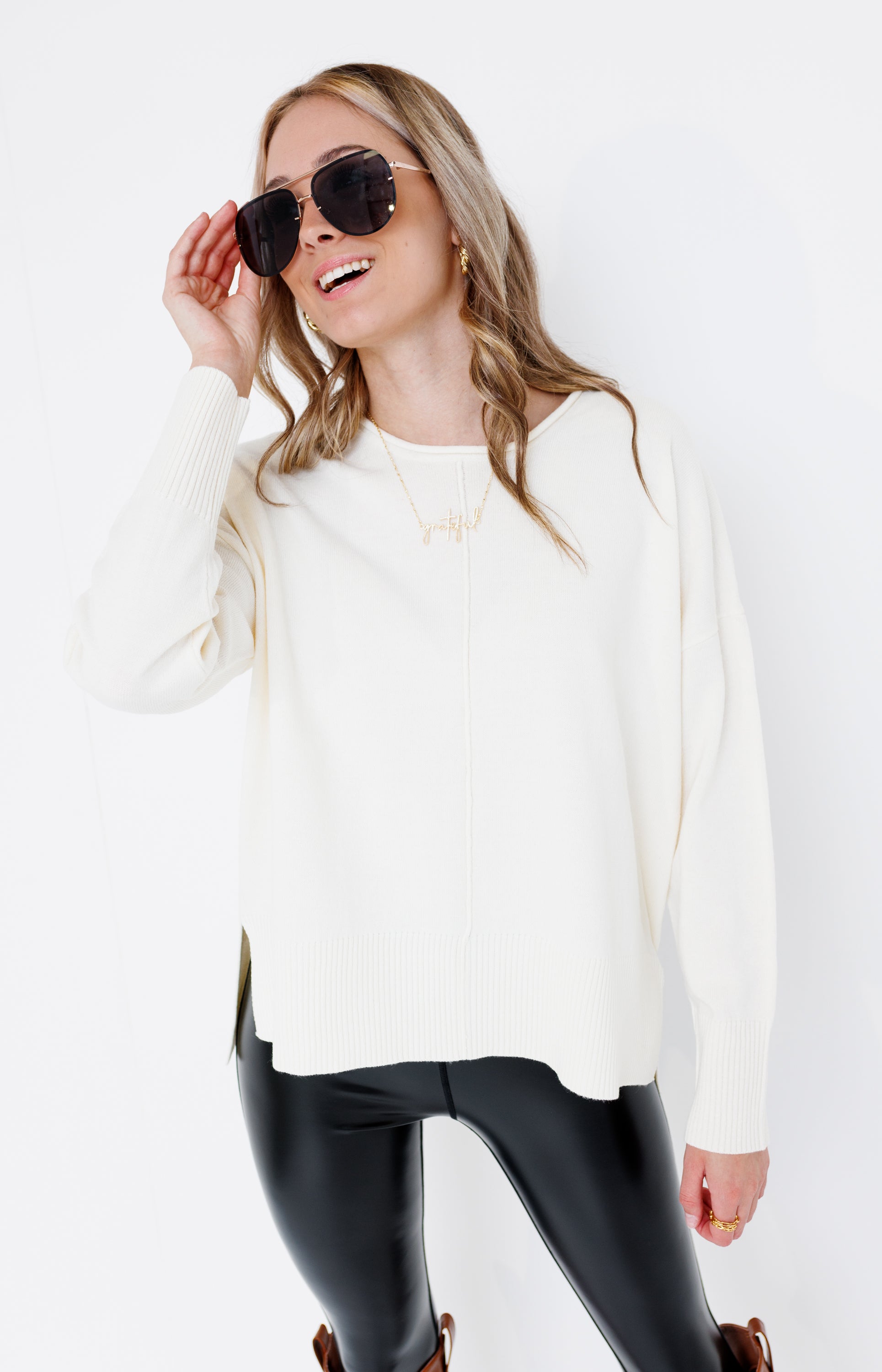 Cozy Cascade Knit Sweater Top, CREAM
