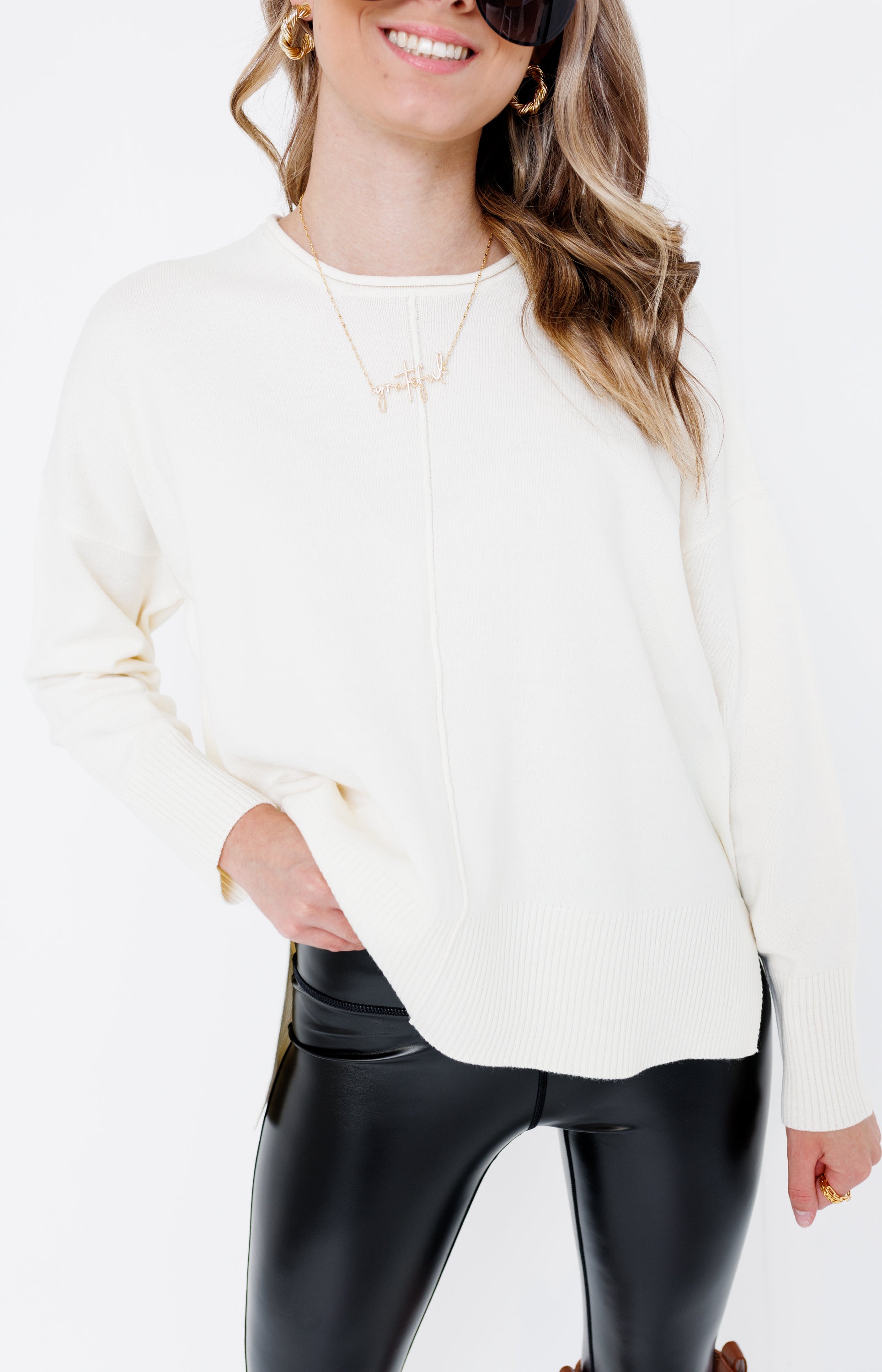 Cozy Cascade Knit Sweater Top, CREAM
