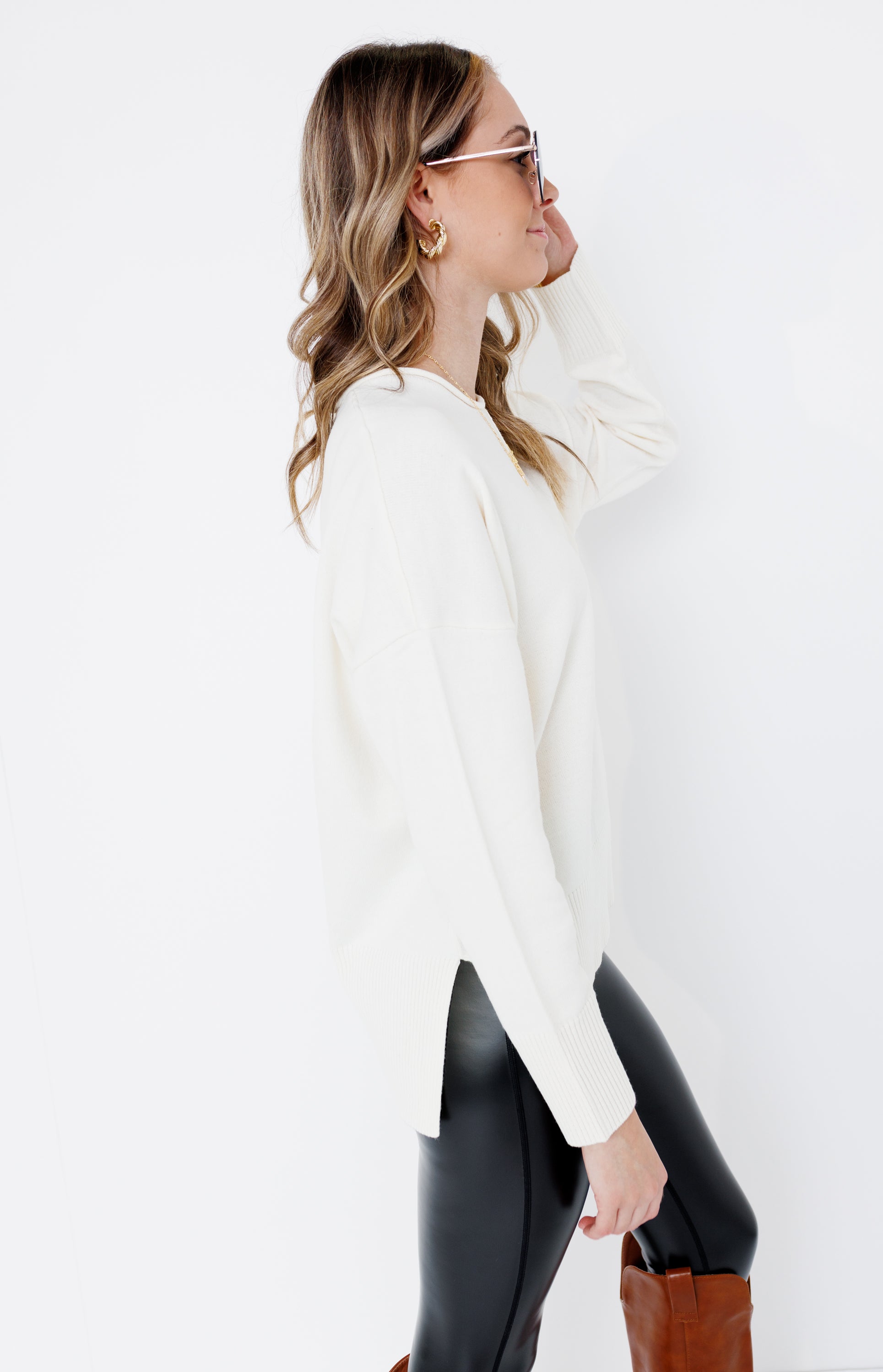 Cozy Cascade Knit Sweater Top, CREAM